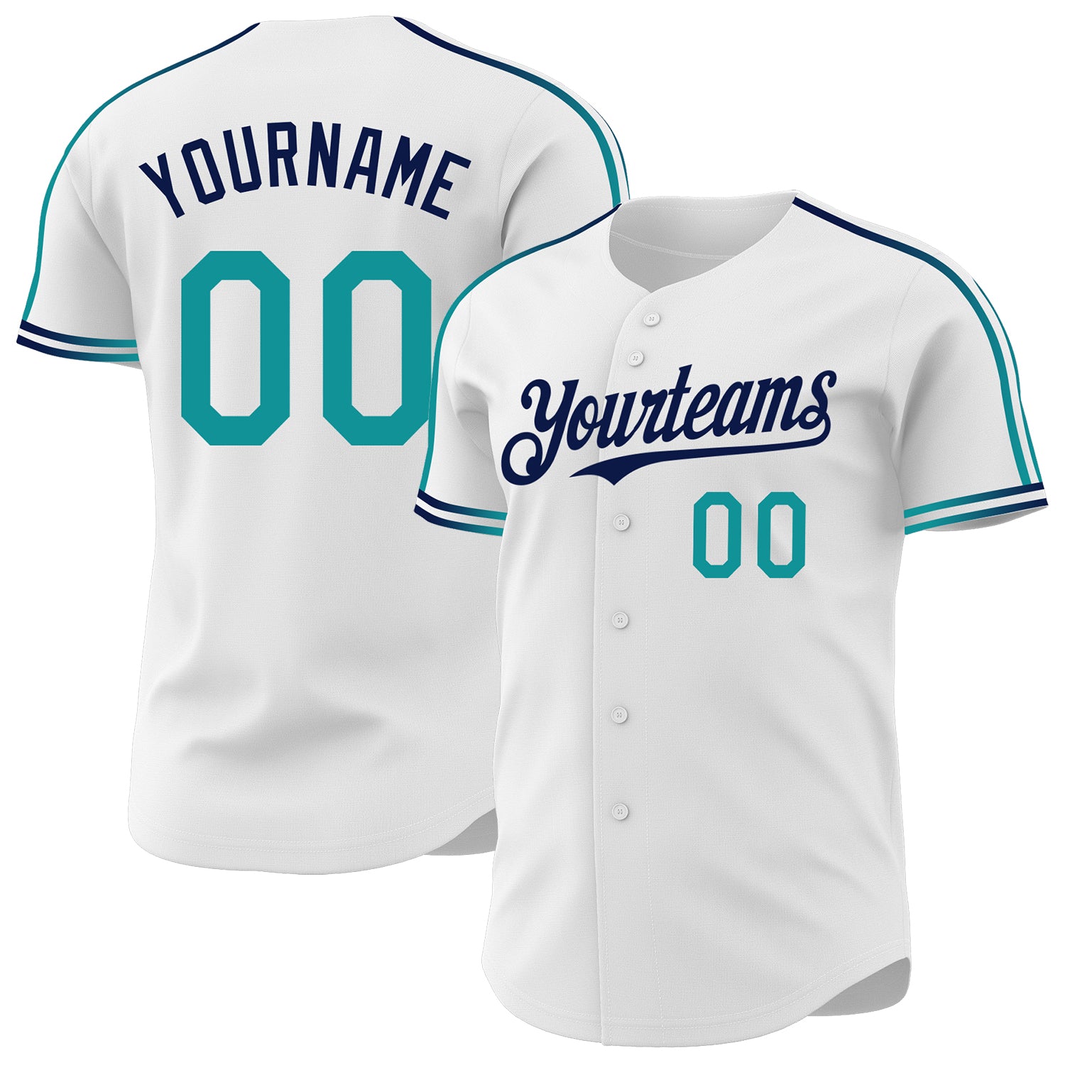 Custom White Teal-Navy Raglan Line Gradient Stripe Authentic Baseball Jersey