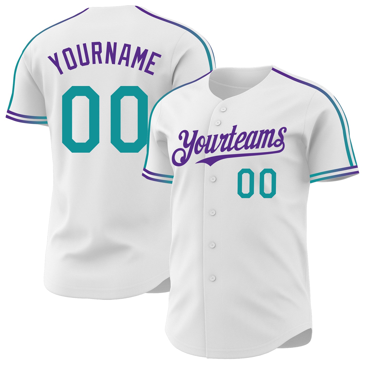 Custom White Teal-Purple Raglan Line Gradient Stripe Authentic Baseball Jersey