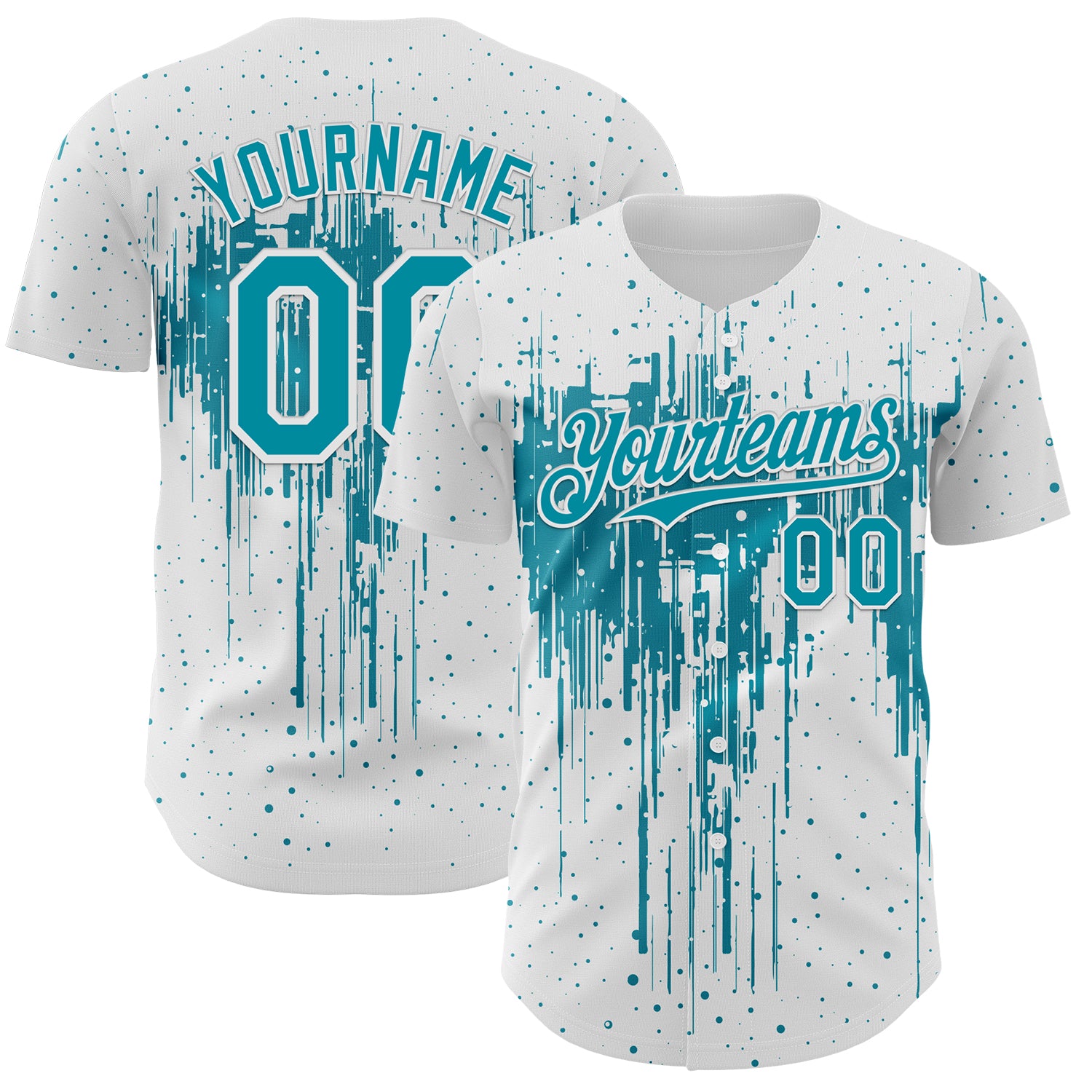Custom White Teal-White 3D Pattern Design Dripping Splatter Paint Authentic Baseball Jersey