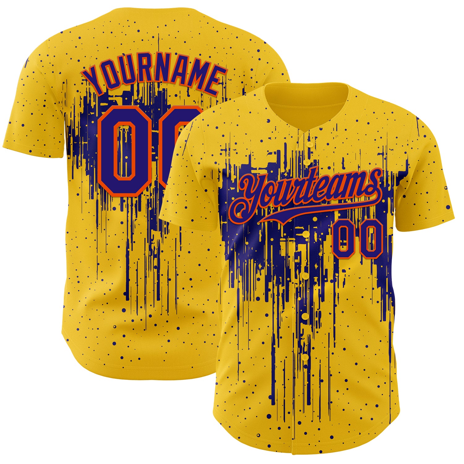 Custom Yellow Dark Purple-Orange 3D Pattern Design Dripping Splatter Paint Authentic Baseball Jersey
