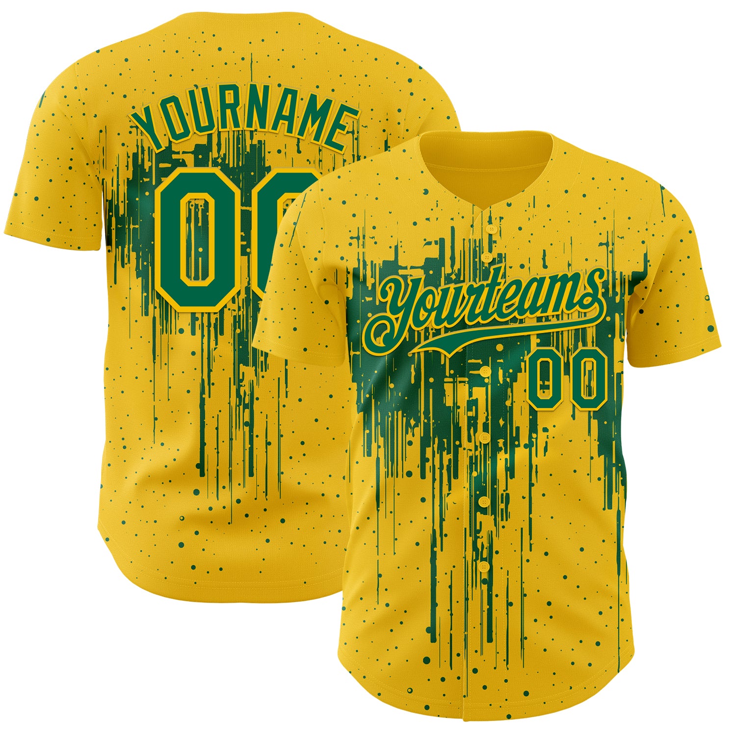 Custom Yellow Kelly Green 3D Pattern Design Dripping Splatter Paint Authentic Baseball Jersey