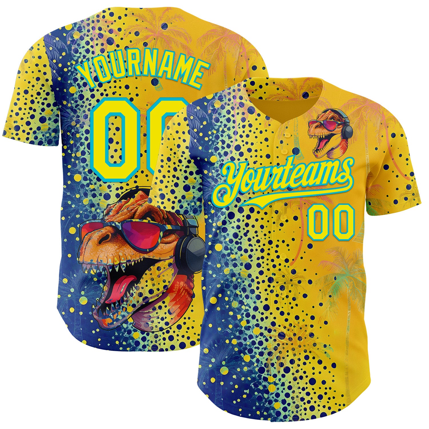 Custom Yellow Light Yellow Blue-Lakes Blue Cyber Tropical Palm Trees Music Festival Gradient Neon Polka Dot Authentic Baseball Jersey