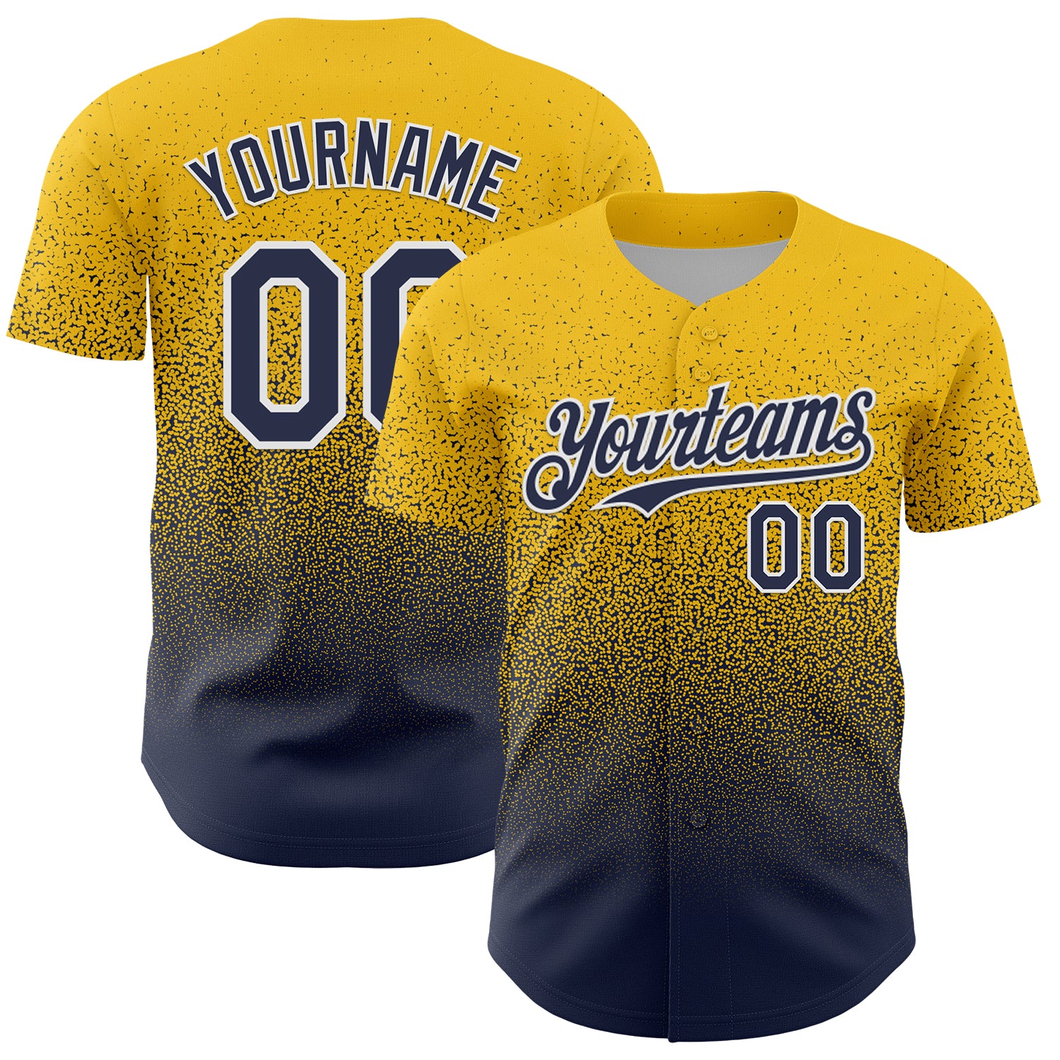 Custom Yellow Navy-White Fade Fashion Speckle Authentic Baseball Jersey