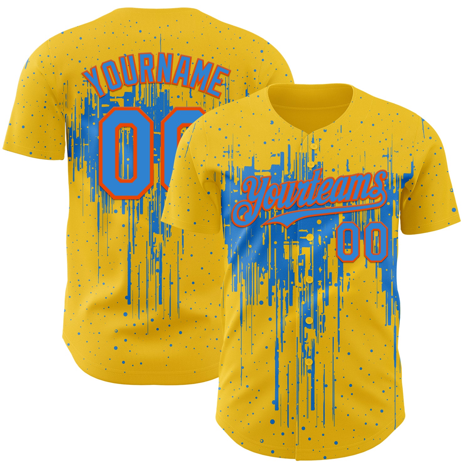 Custom Yellow Powder Blue-Orange 3D Pattern Design Dripping Splatter Paint Authentic Baseball Jersey