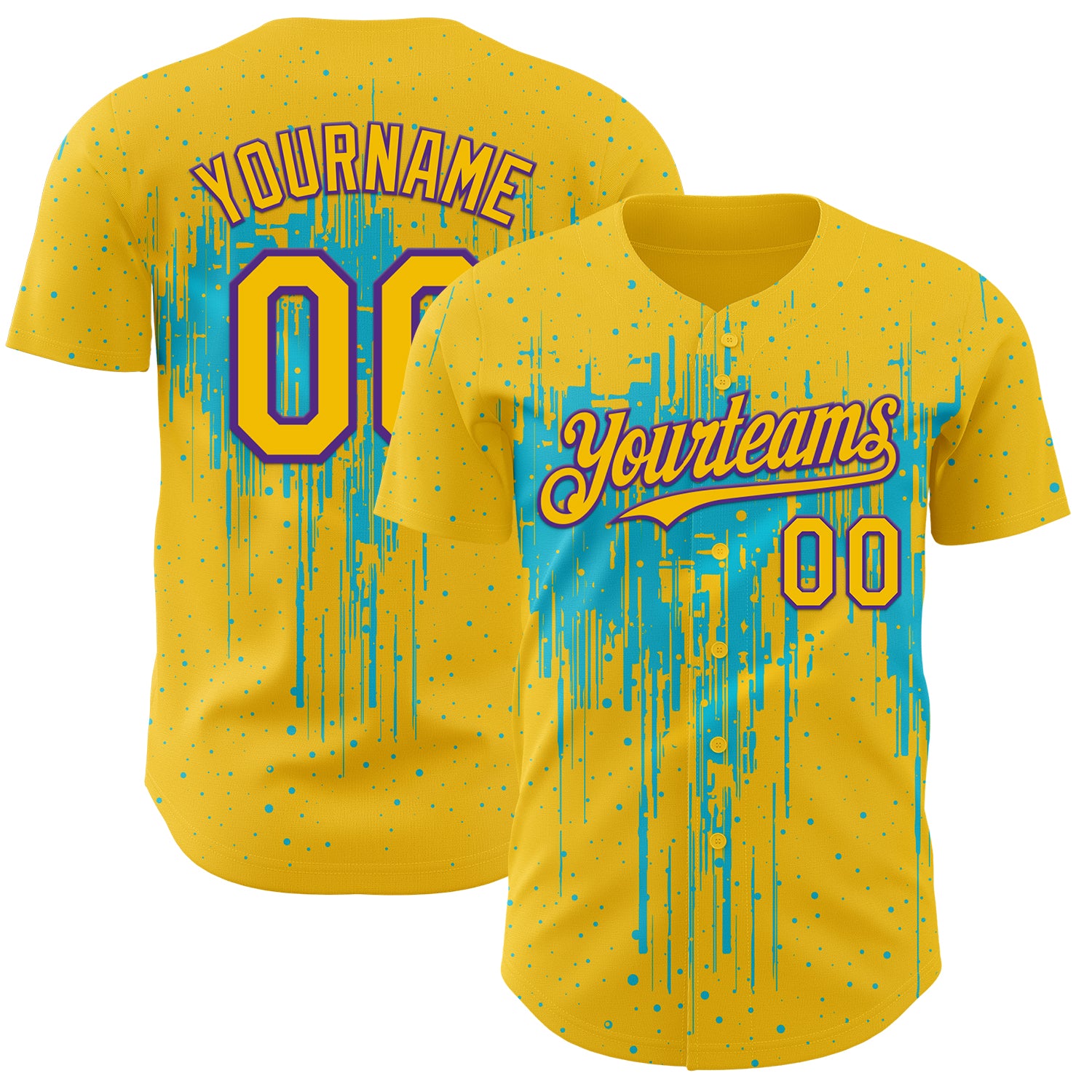 Custom Yellow Purple-Lakes Blue 3D Pattern Design Dripping Splatter Paint Authentic Baseball Jersey