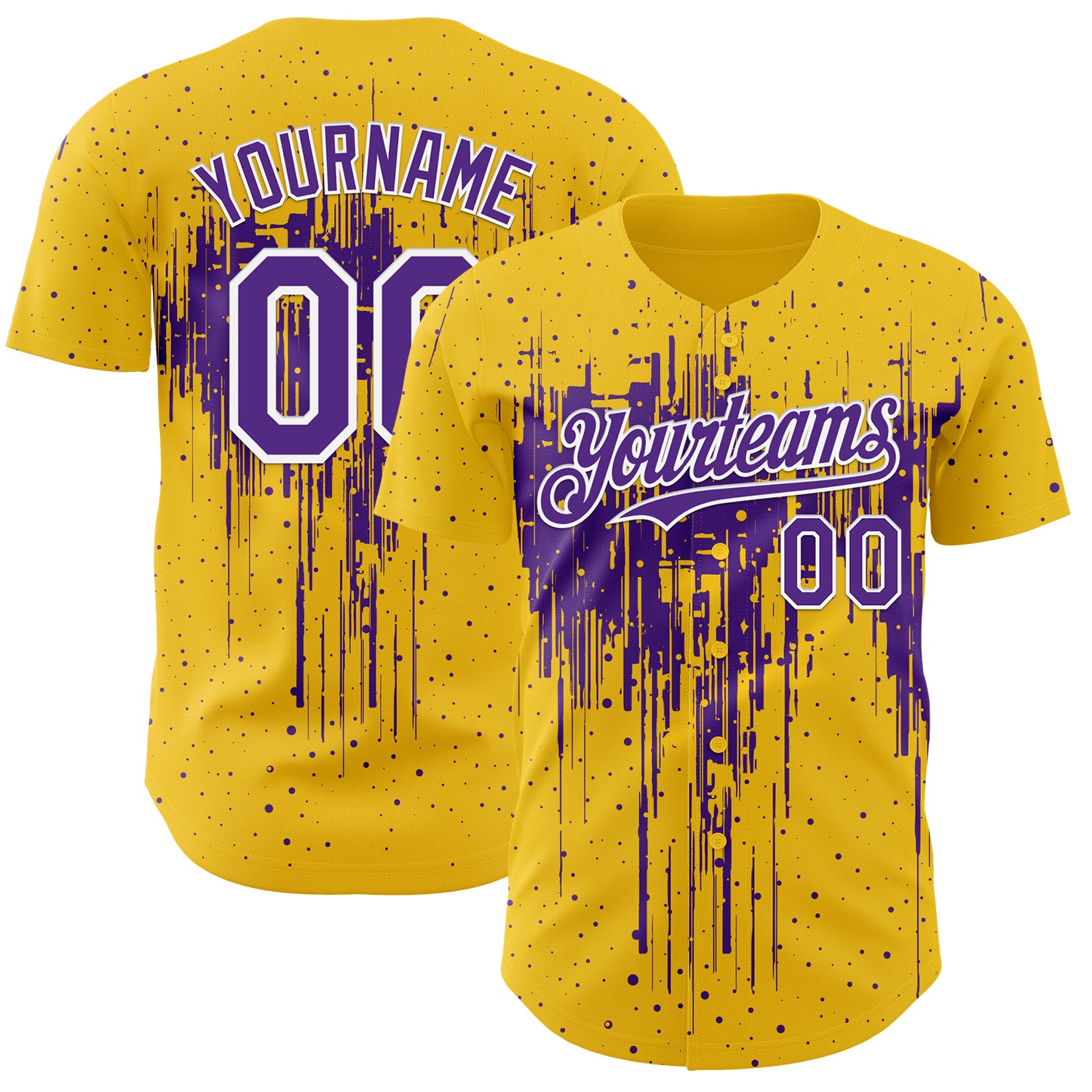 Custom Yellow Purple-White 3D Pattern Design Dripping Splatter Paint Authentic Baseball Jersey