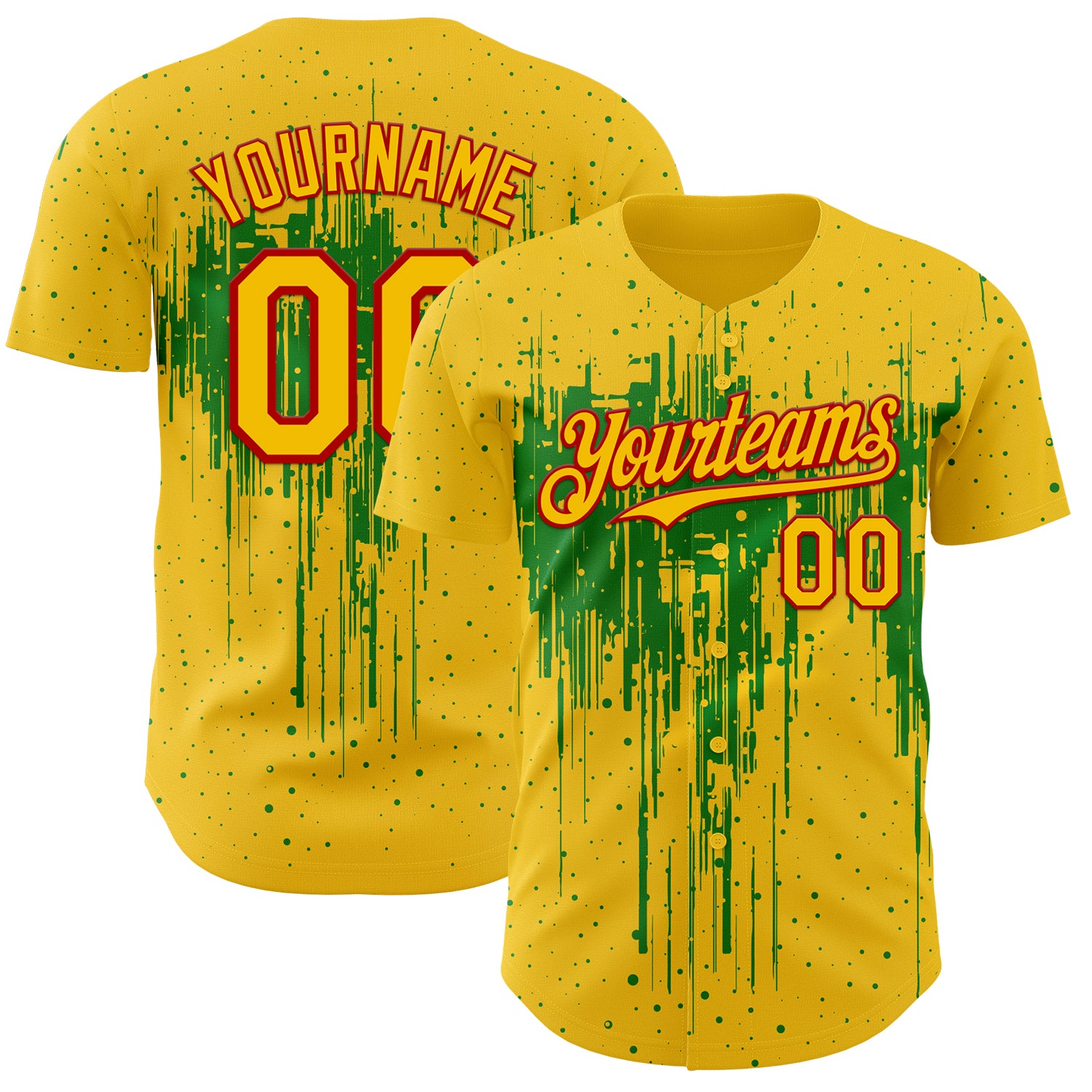 Custom Yellow Red-Grass Green 3D Pattern Design Dripping Splatter Paint Authentic Baseball Jersey