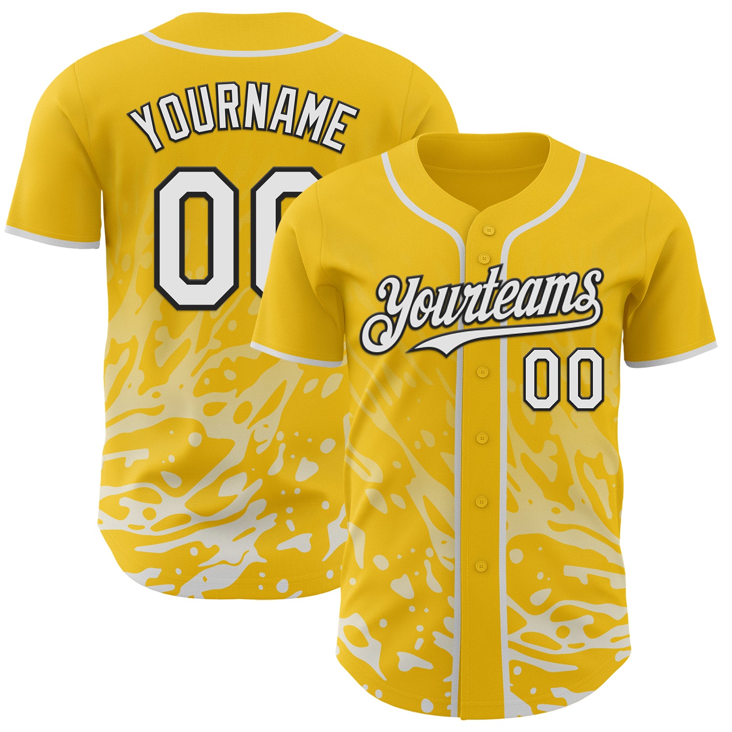 Custom Yellow White-Black Fluid Liquid Wave Splatter Authentic Baseball Jersey