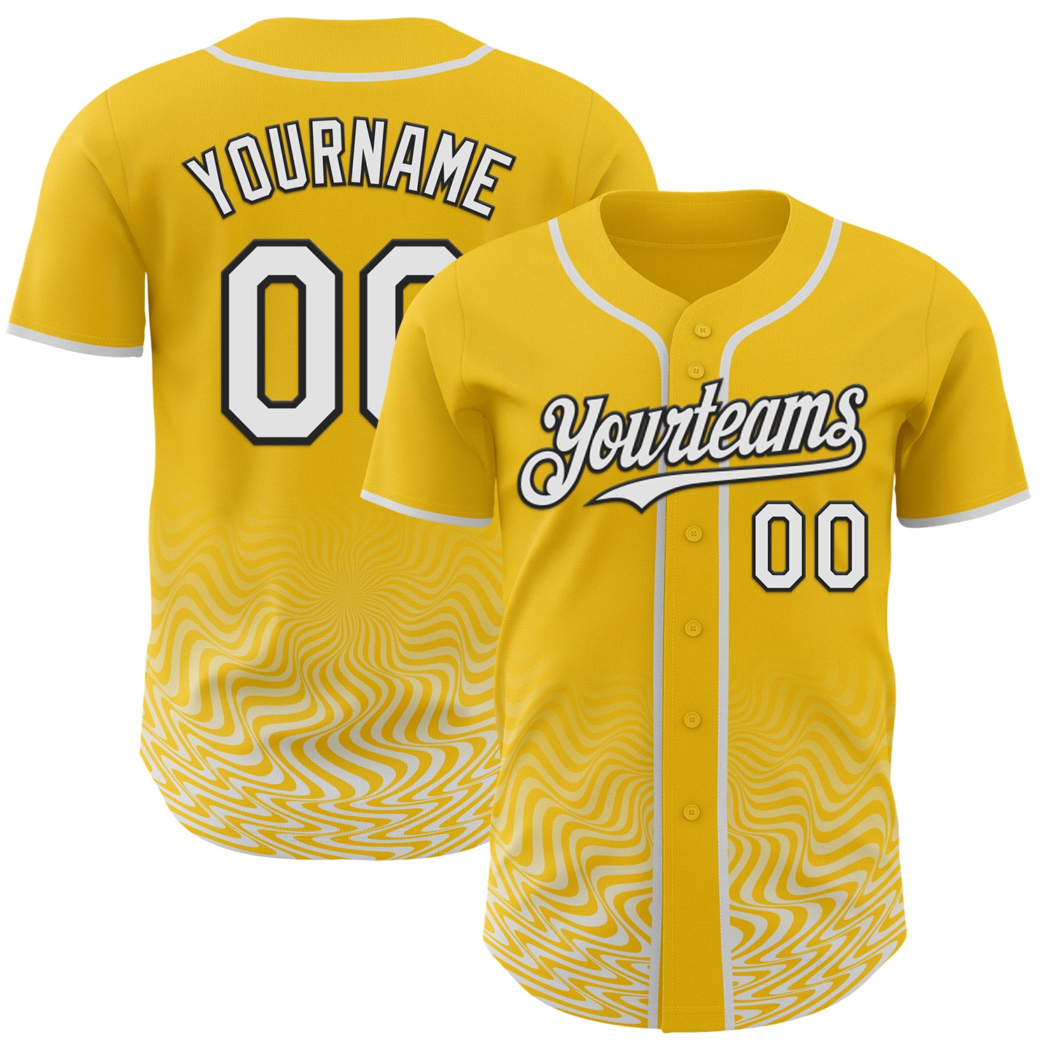 Custom Yellow White-Black Fluid Wave Psychedelic Swirl Authentic Baseball Jersey
