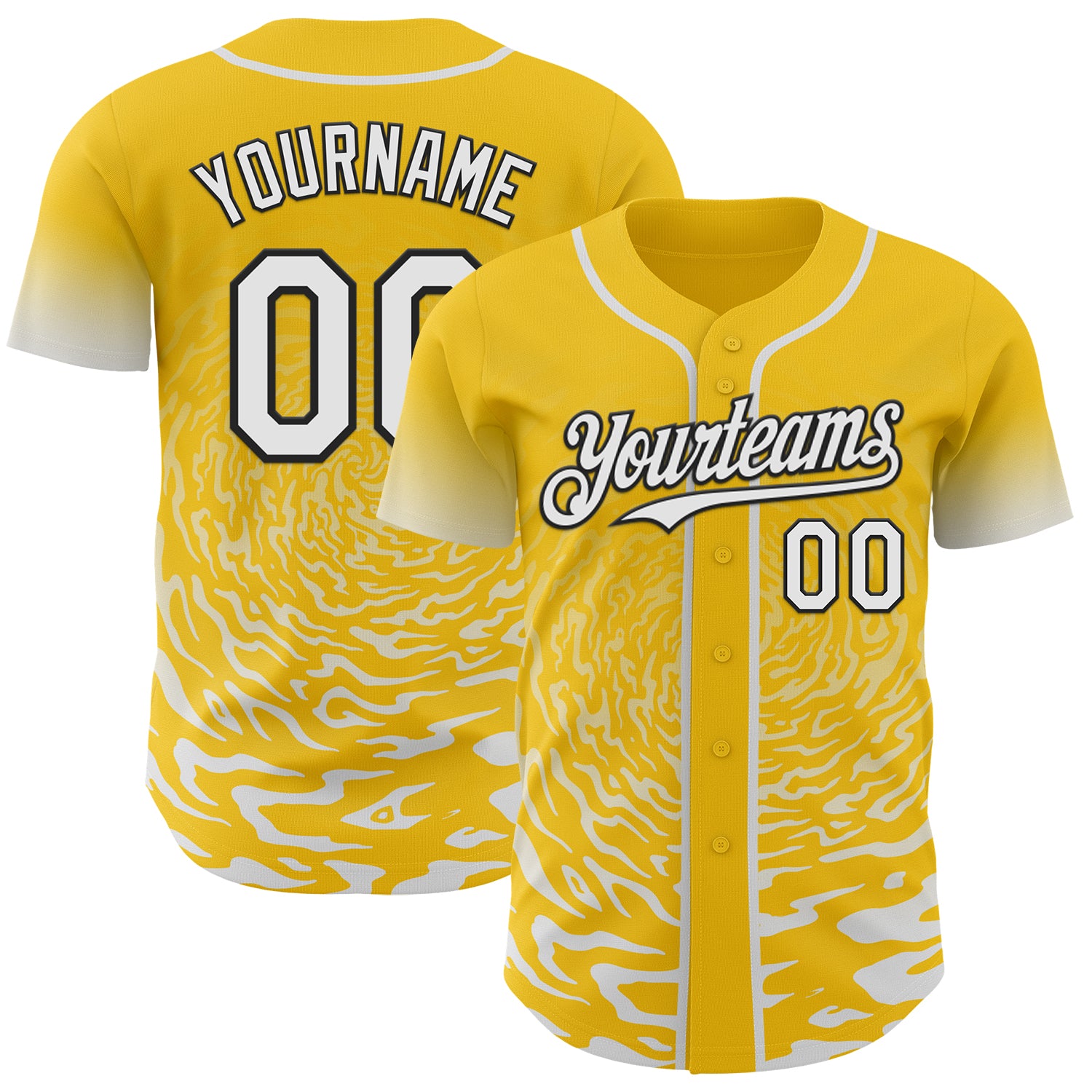 Custom Yellow White-Black Fluid Wave Splatter Gradient Authentic Baseball Jersey