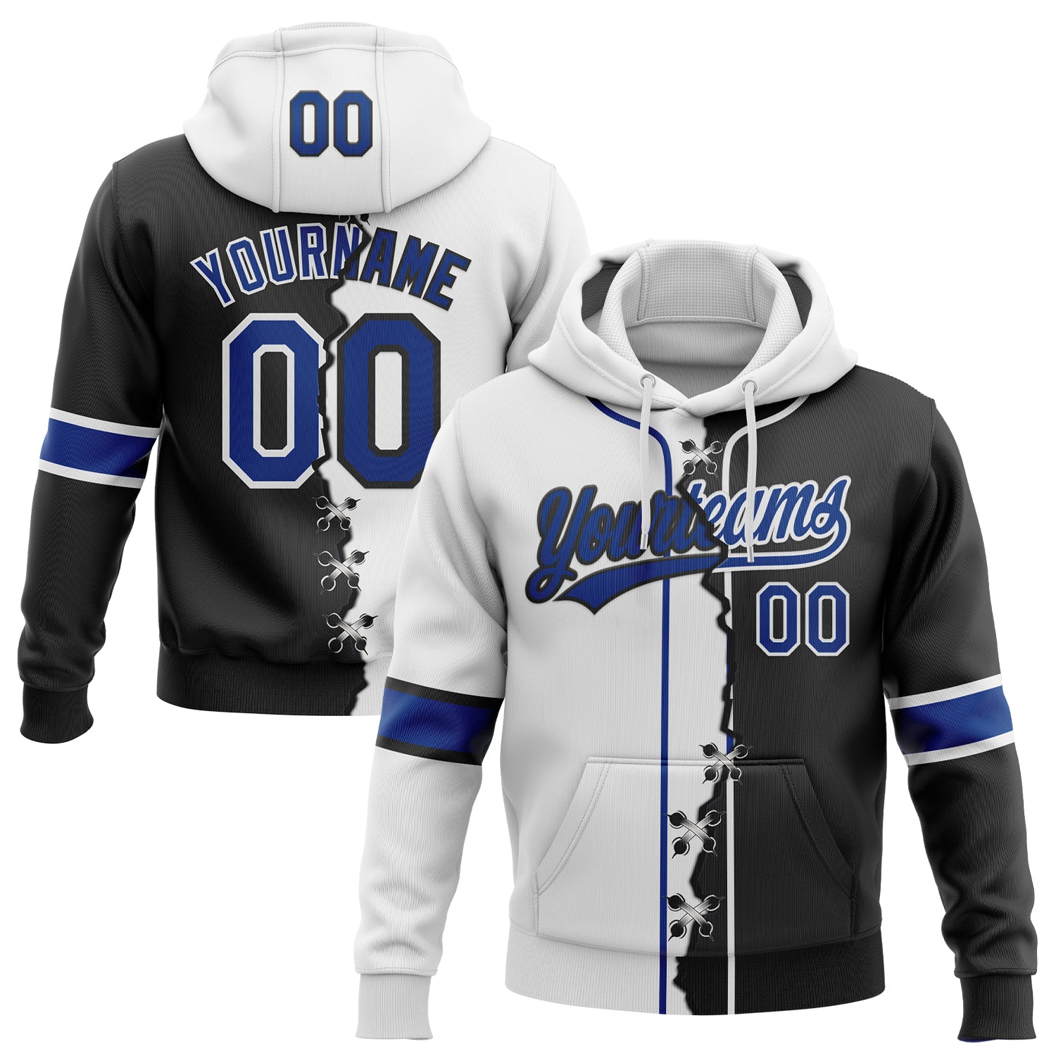 Custom Black Royal-White Split Ripped Pattern Baseball Pullover Sweatshirt Hoodie