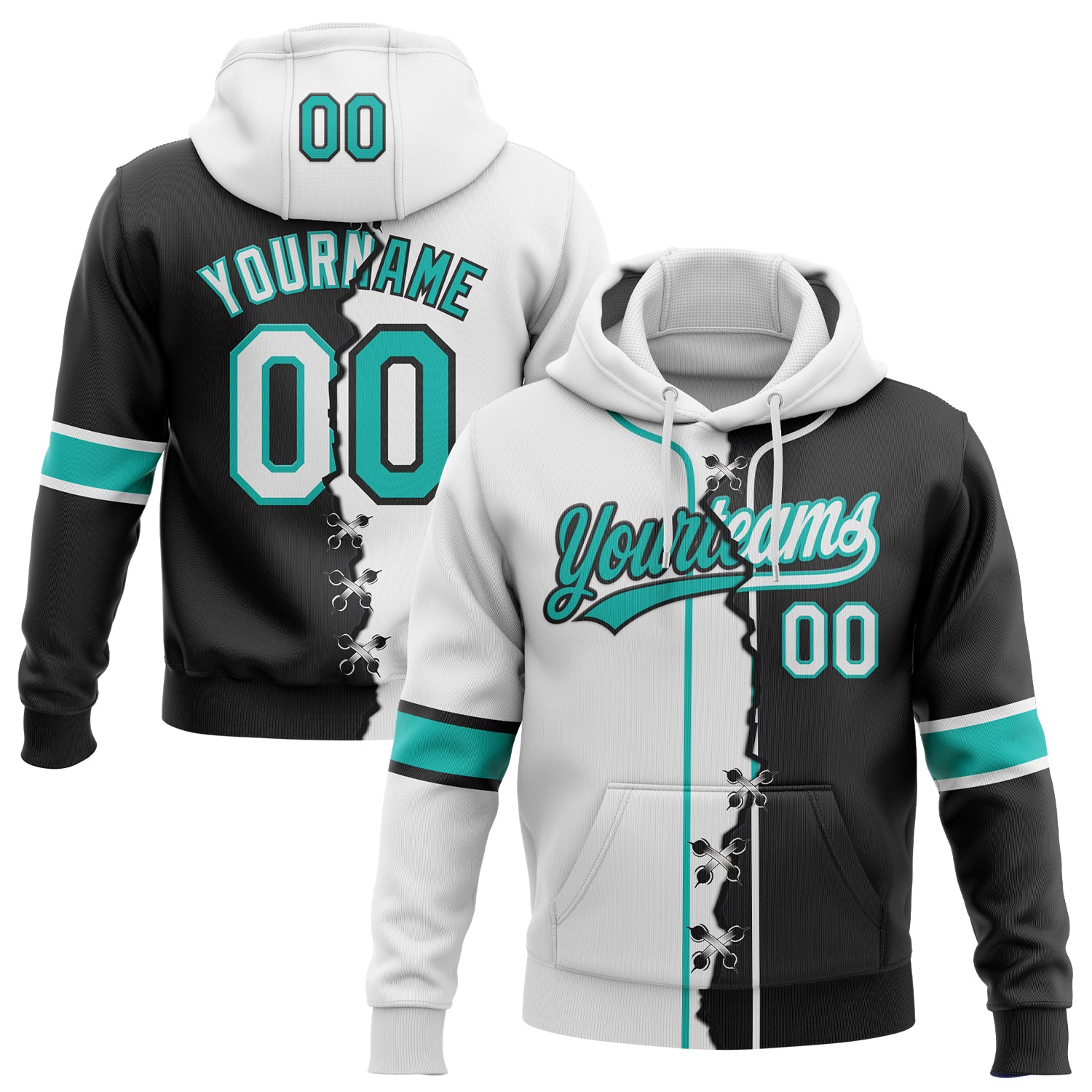 Custom Black White-Aqua Split Ripped Pattern Baseball Pullover Sweatshirt Hoodie