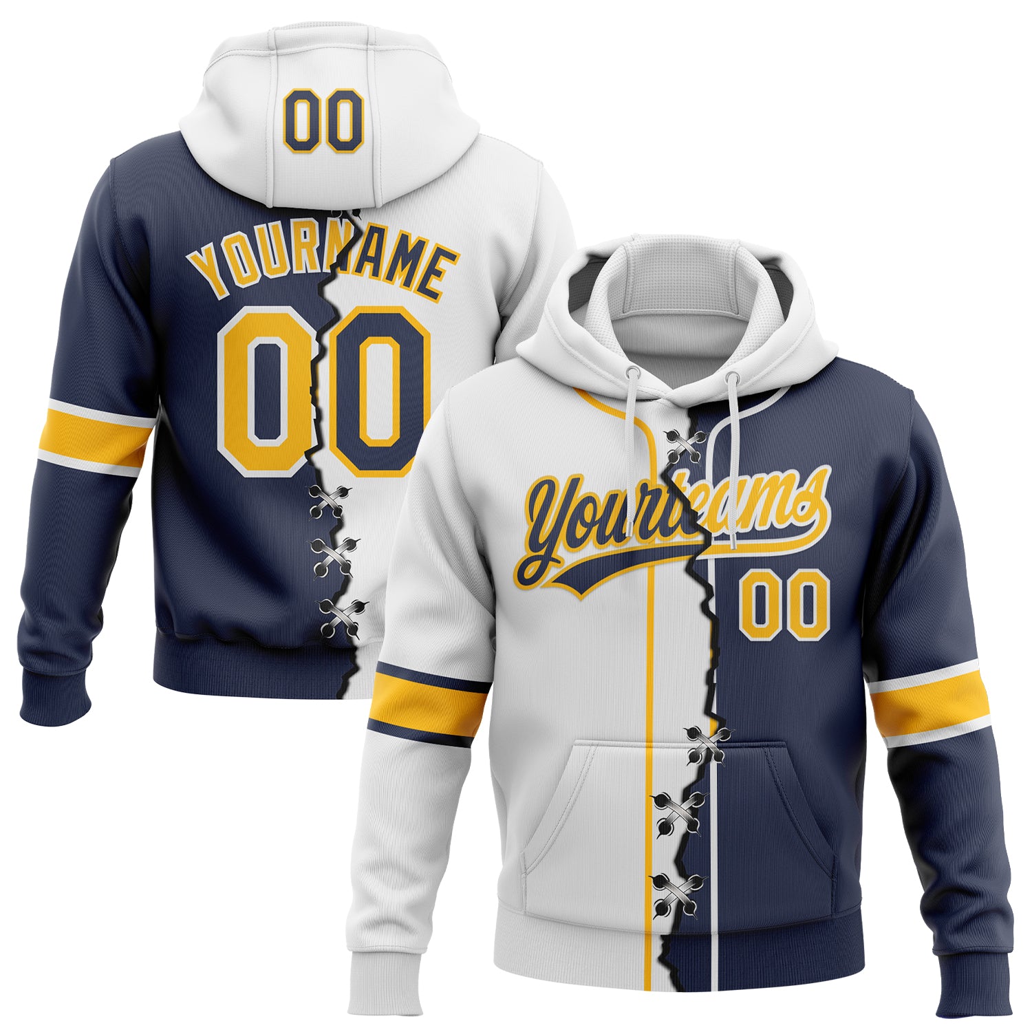 Custom Navy Gold-White Split Ripped Pattern Baseball Pullover Sweatshirt Hoodie