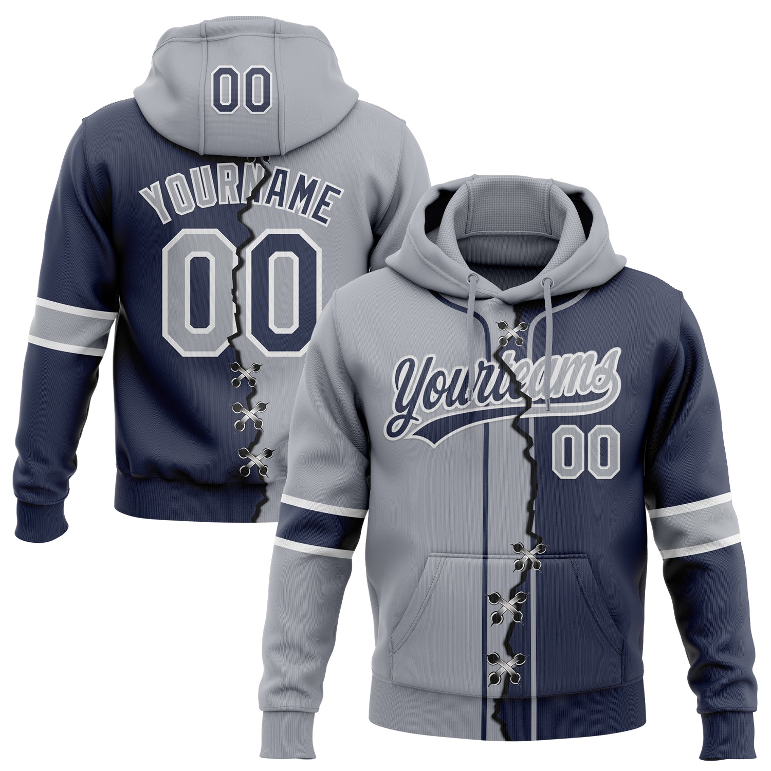 Custom Navy Gray-White Split Ripped Pattern Baseball Pullover Sweatshirt Hoodie