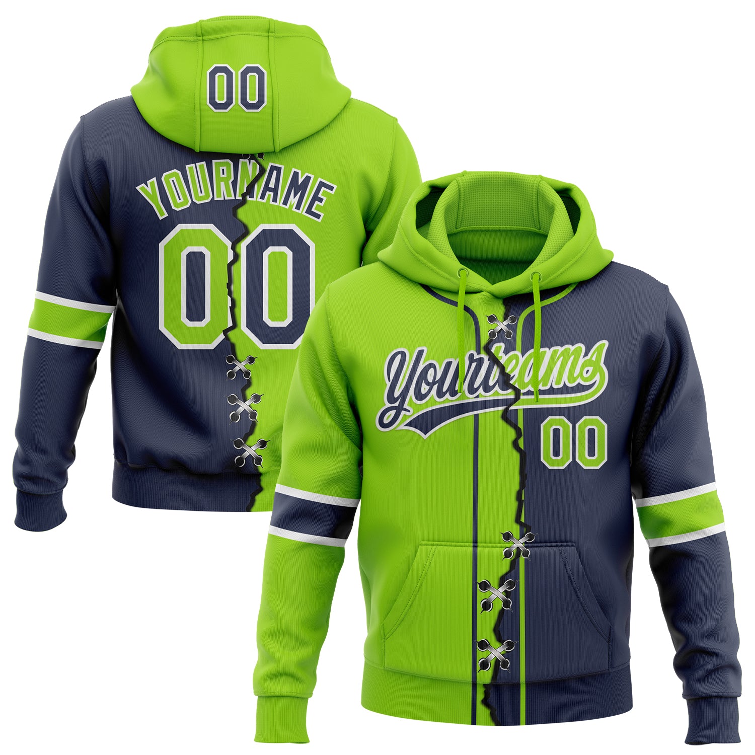 Custom Navy Neon Green-White Split Ripped Pattern Baseball Pullover Sweatshirt Hoodie