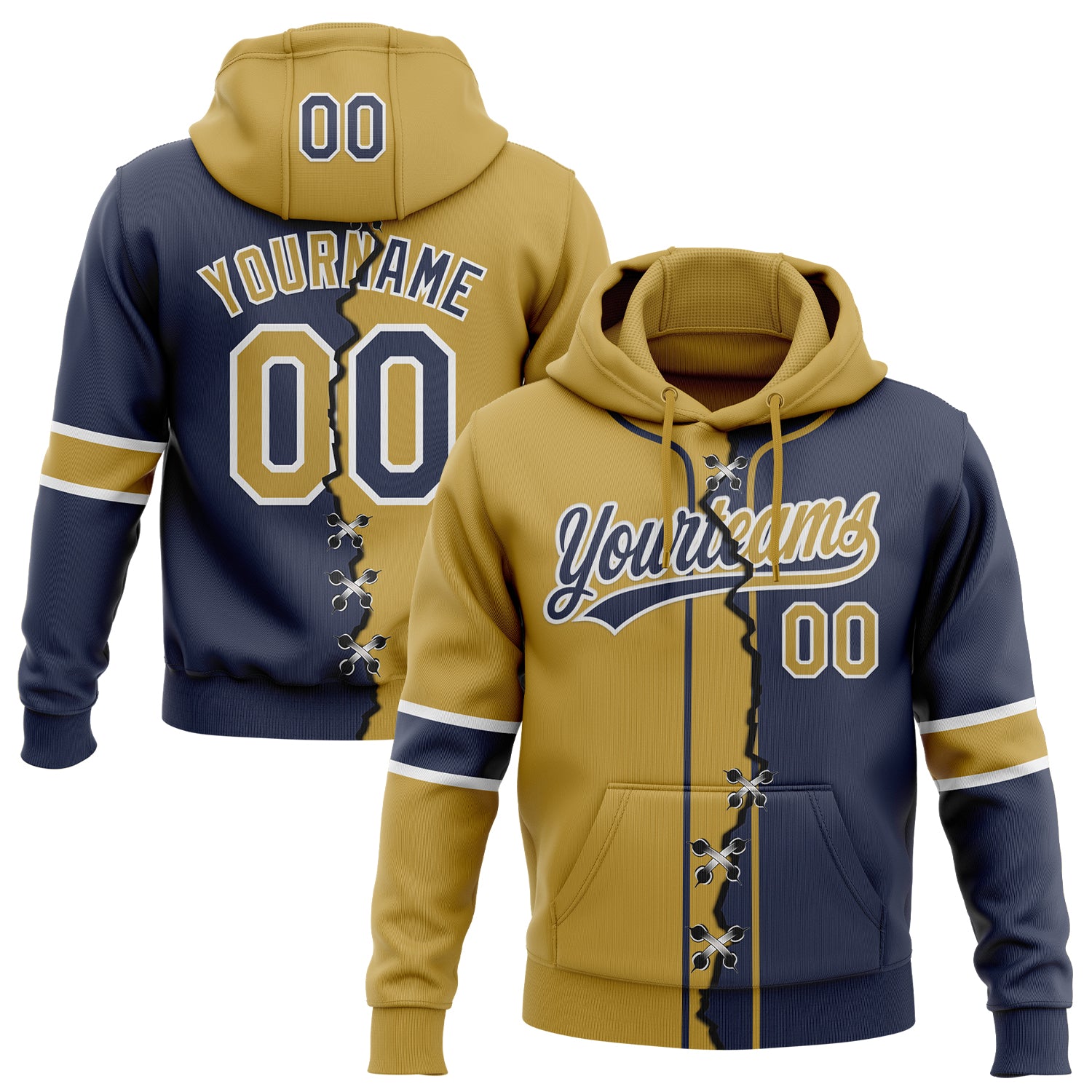 Custom Navy Old Gold-White Split Ripped Pattern Baseball Pullover Sweatshirt Hoodie