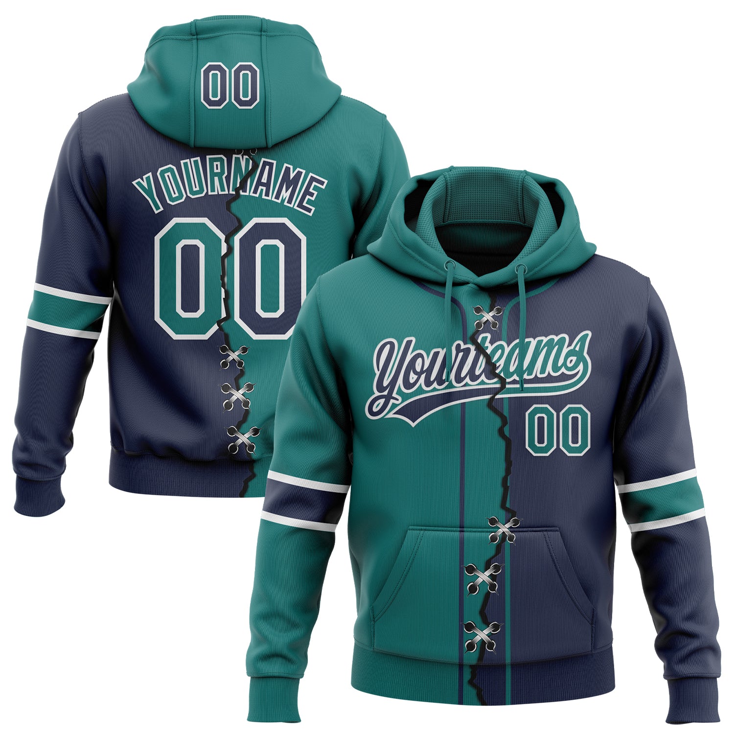Custom Navy Teal-White Split Ripped Pattern Baseball Pullover Sweatshirt Hoodie