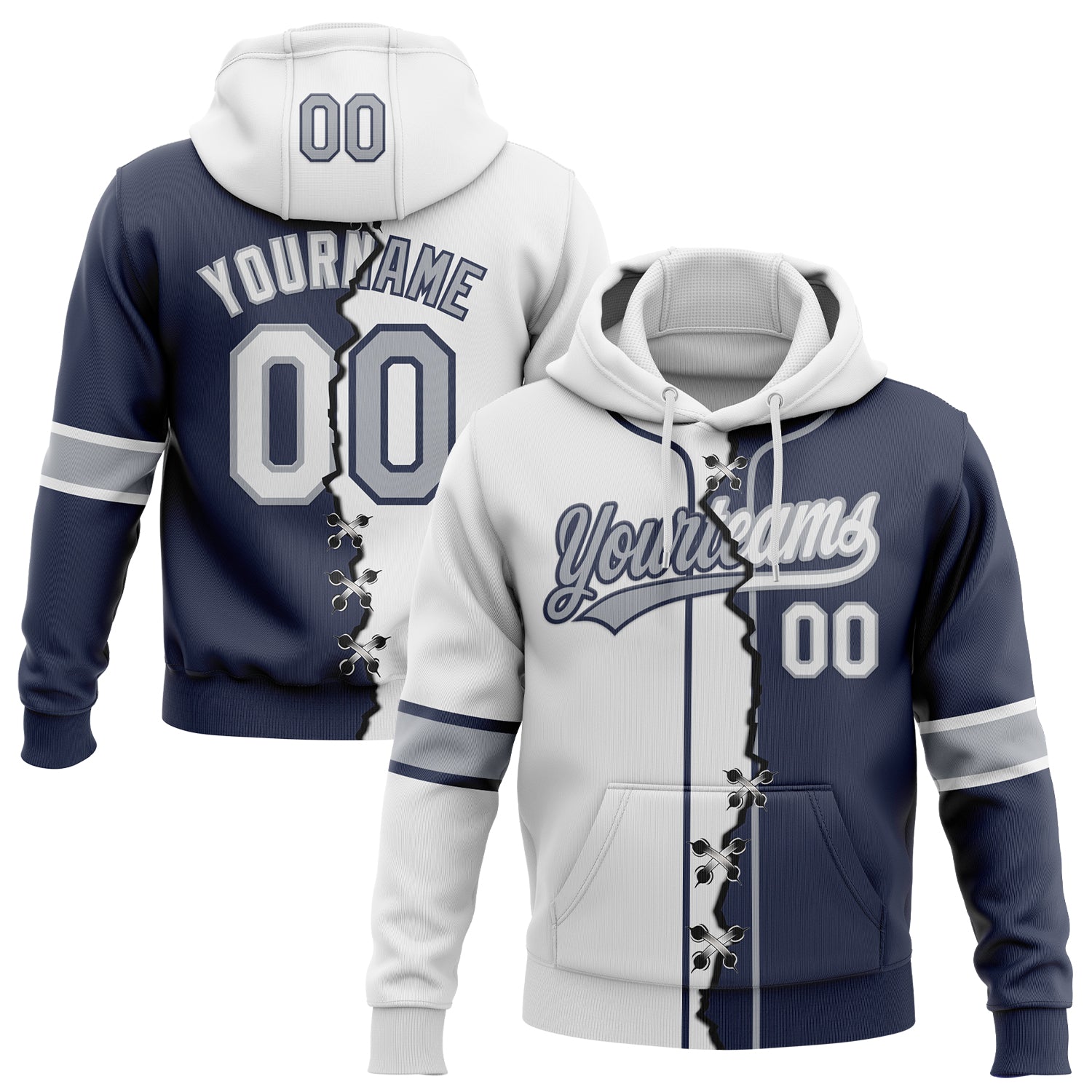Custom Navy White-Gray Split Ripped Pattern Baseball Pullover Sweatshirt Hoodie