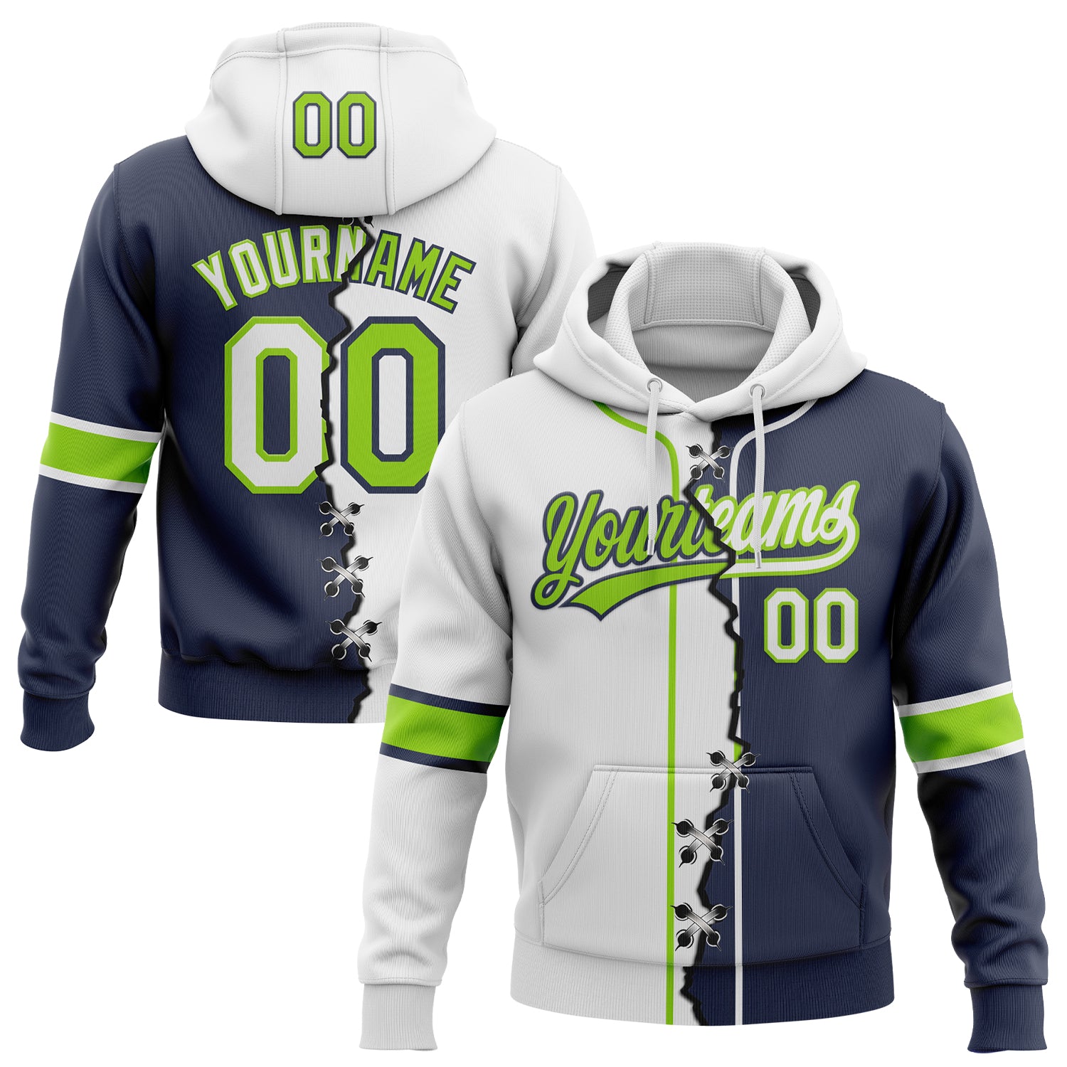 Custom Navy White-Neon Green Split Ripped Pattern Baseball Pullover Sweatshirt Hoodie