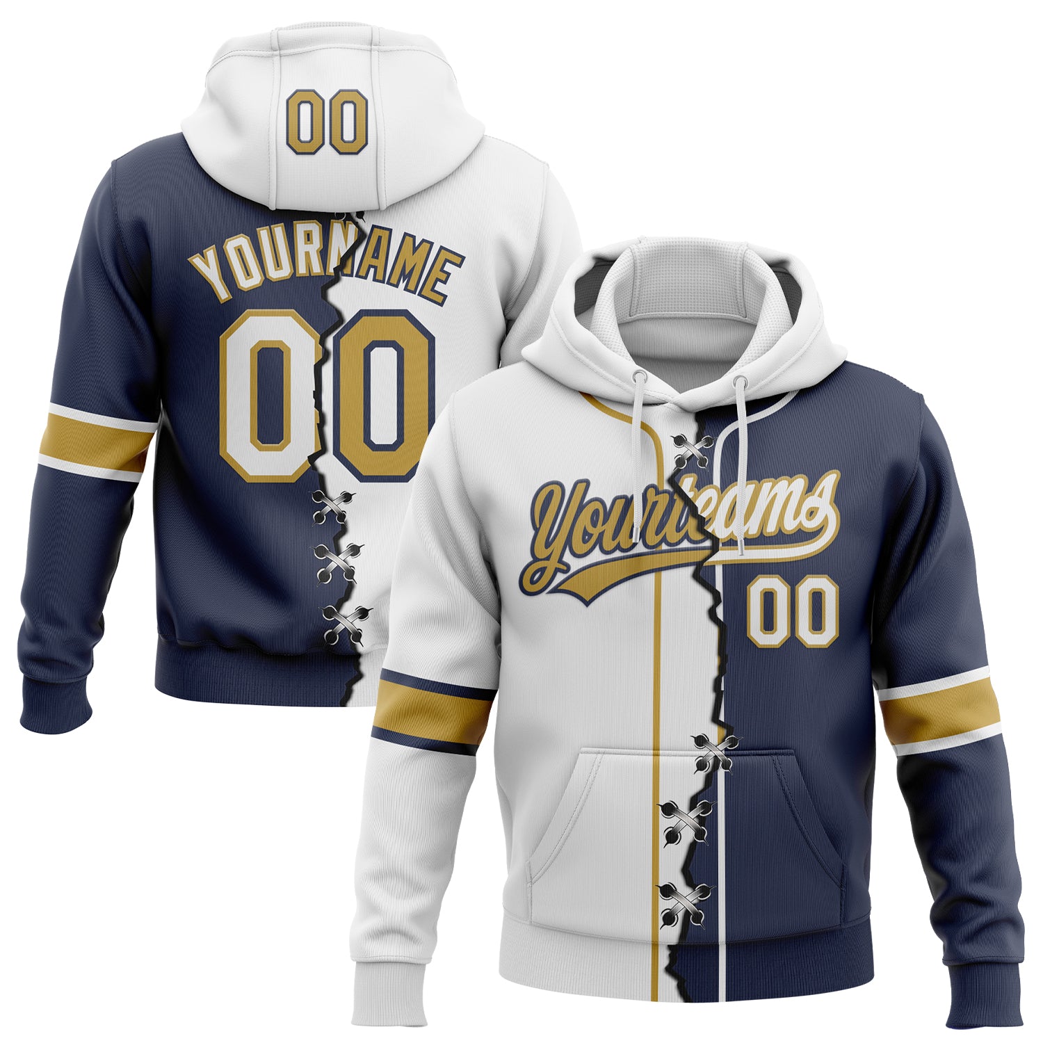 Custom Navy White-Old Gold Split Ripped Pattern Baseball Pullover Sweatshirt Hoodie