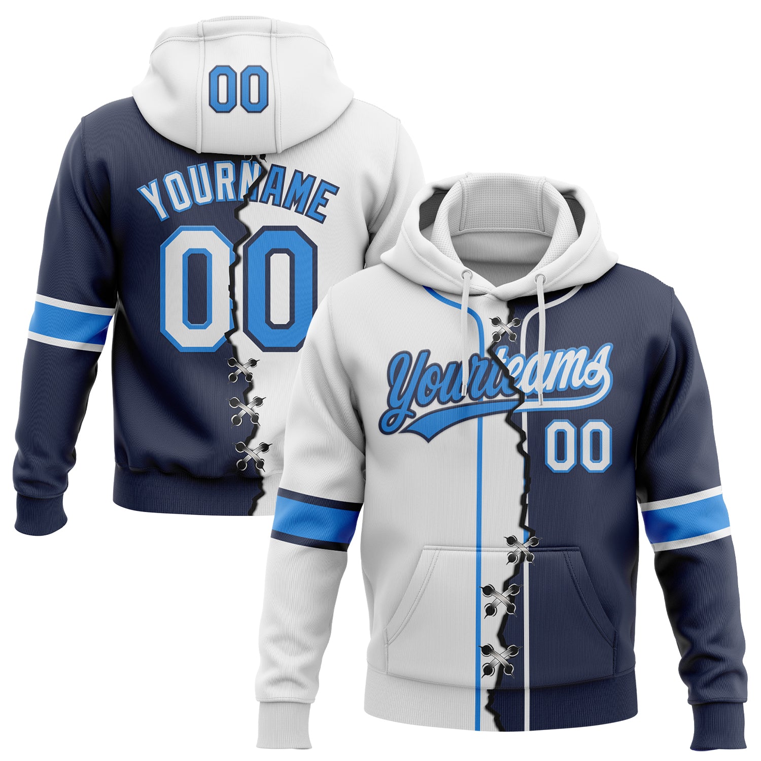 Custom Navy White-Powder Blue Split Ripped Pattern Baseball Pullover Sweatshirt Hoodie