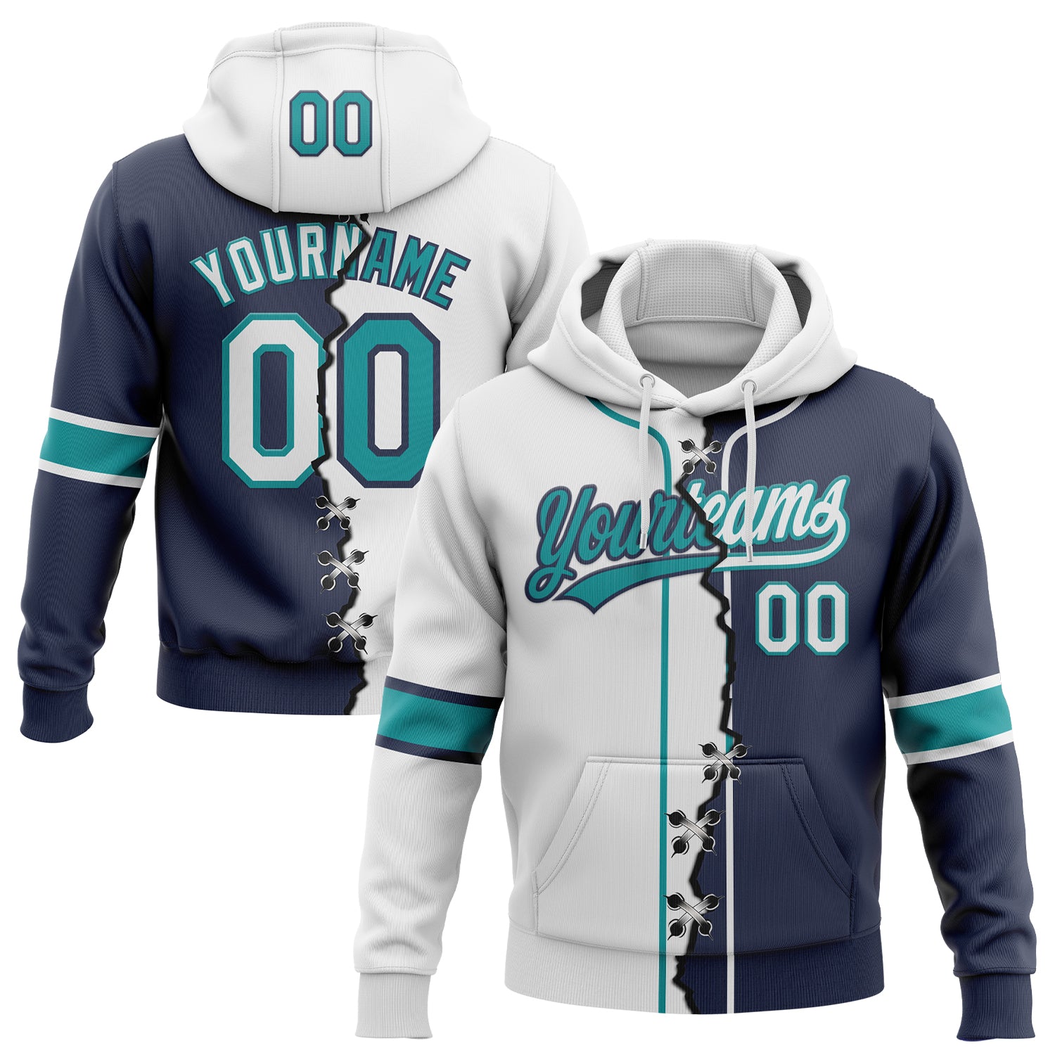 Custom Navy White-Teal Split Ripped Pattern Baseball Pullover Sweatshirt Hoodie