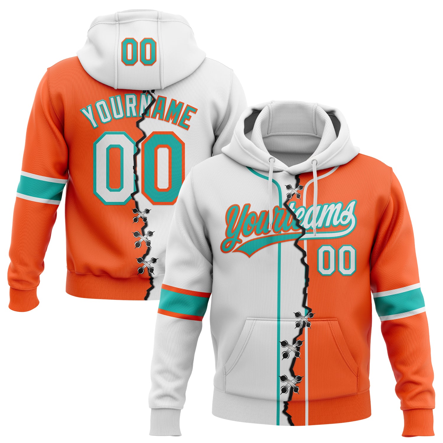 Custom Orange White-Aqua Split Ripped Pattern Baseball Pullover Sweatshirt Hoodie