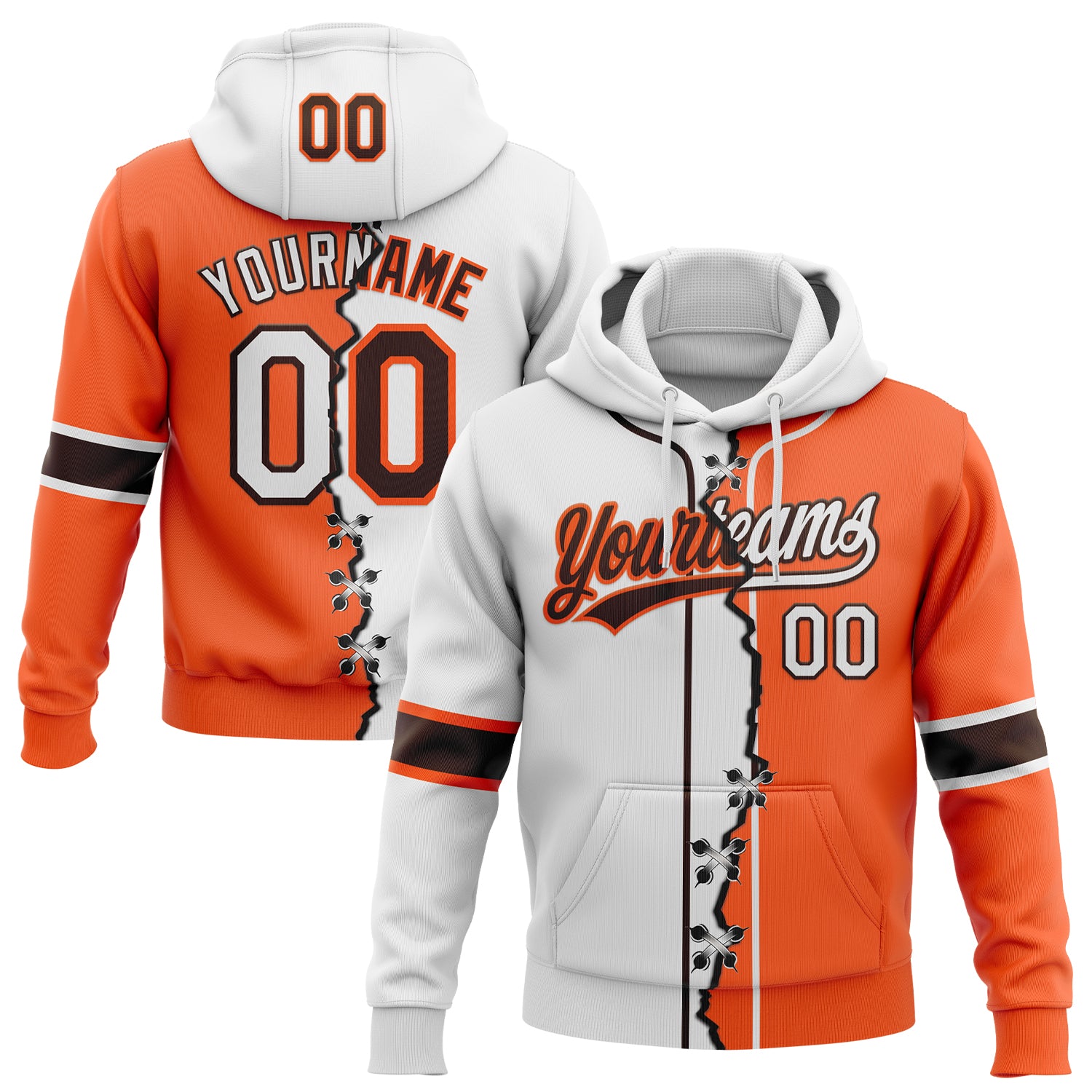 Custom Orange White-Brown Split Ripped Pattern Baseball Pullover Sweatshirt Hoodie