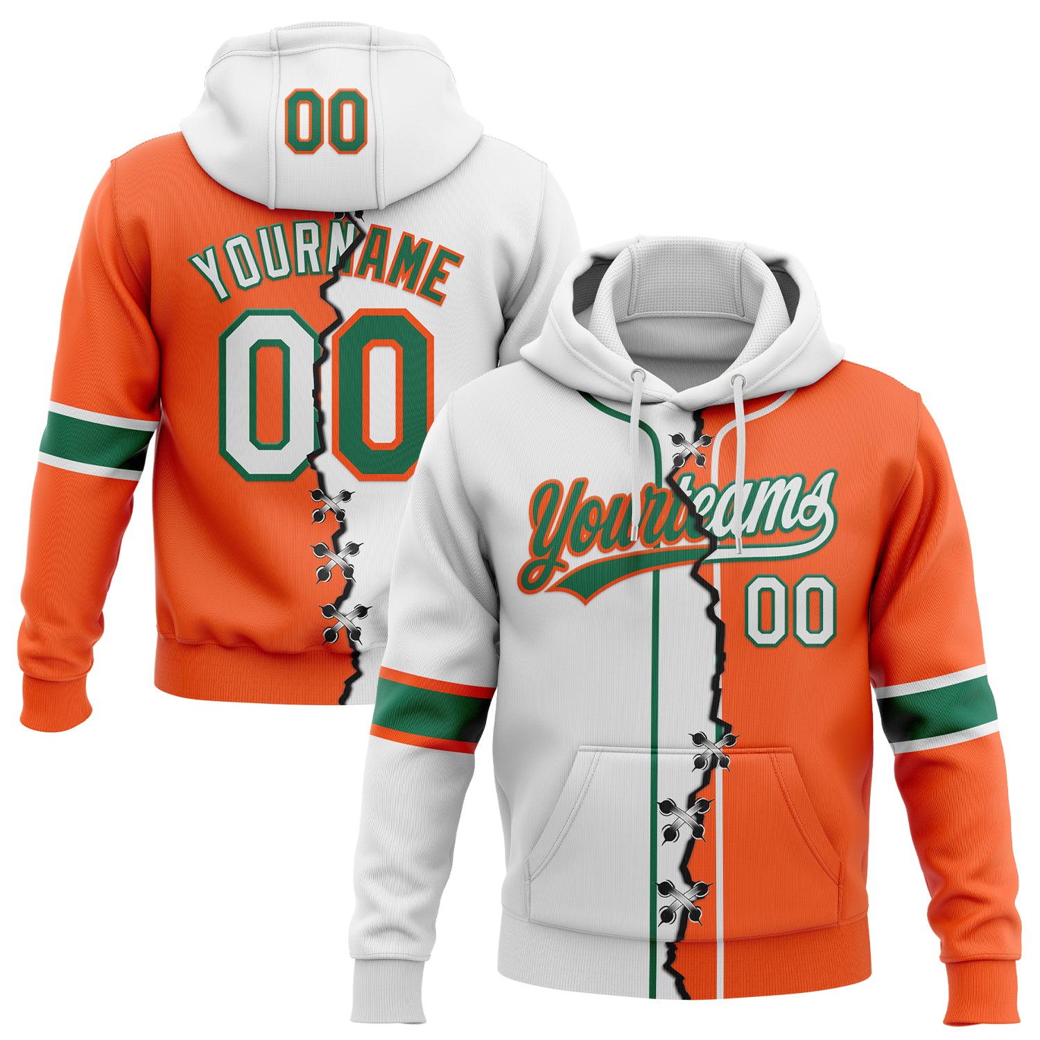Custom Orange White-Kelly Green Split Ripped Pattern Baseball Pullover Sweatshirt Hoodie