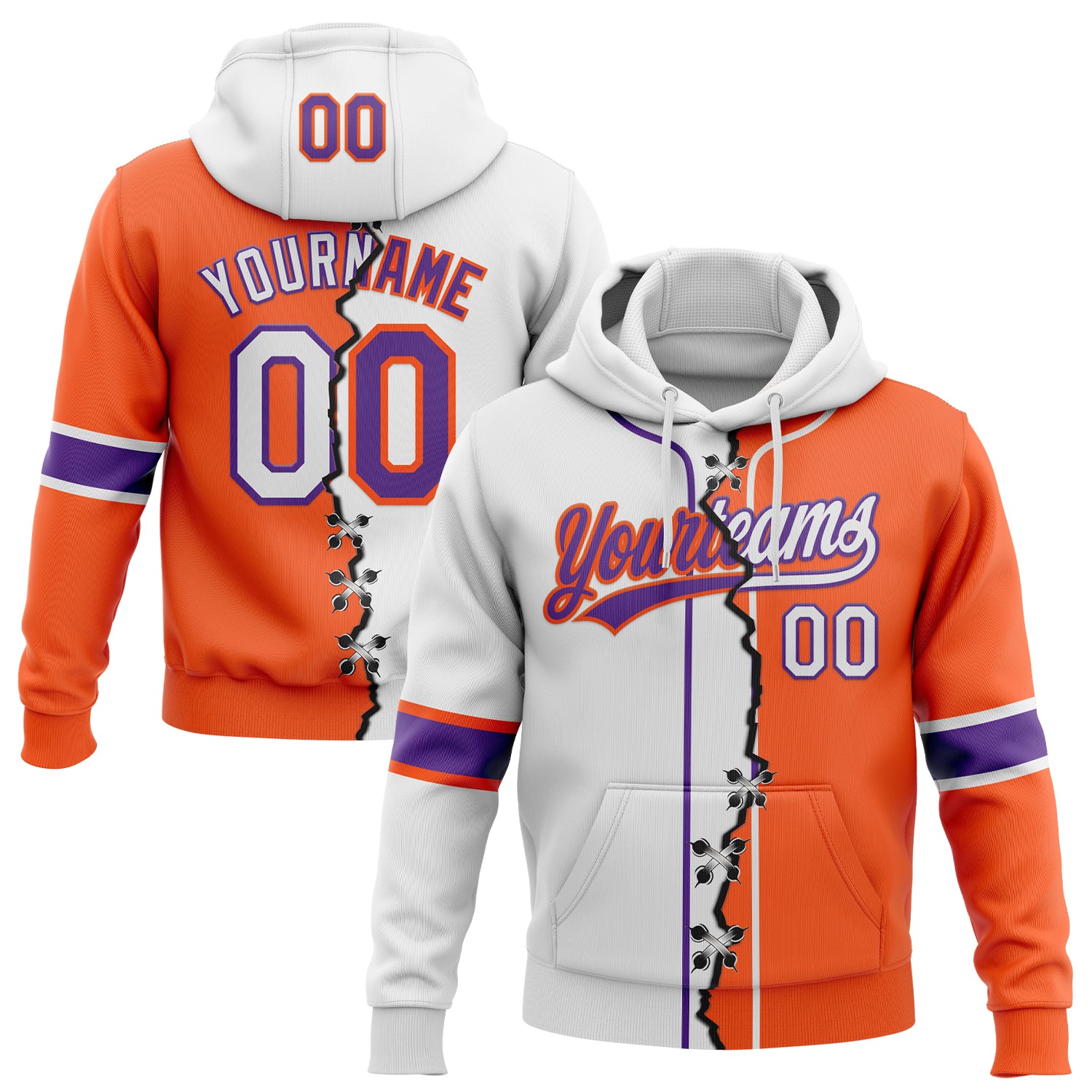 Custom Orange White-Purple Split Ripped Pattern Baseball Pullover Sweatshirt Hoodie