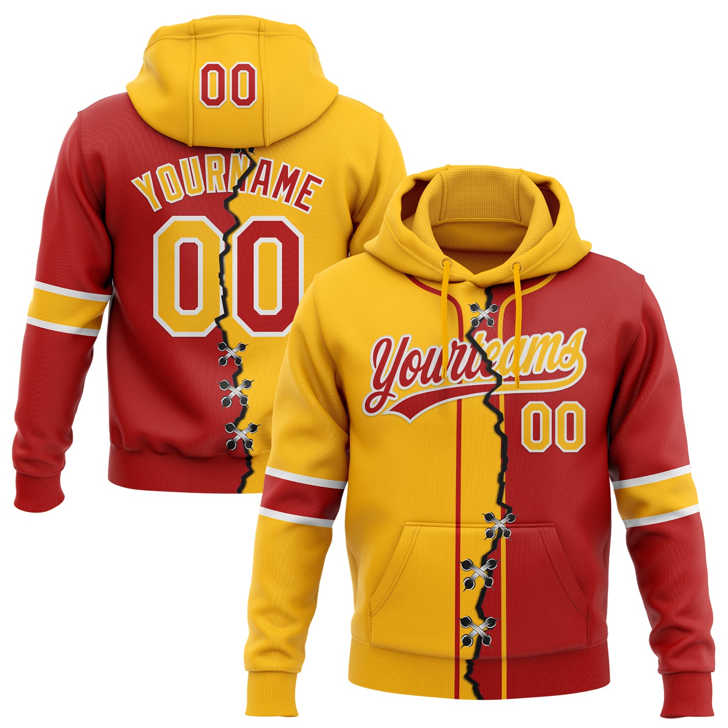 Custom Red Gold-White Split Ripped Pattern Baseball Pullover Sweatshirt Hoodie