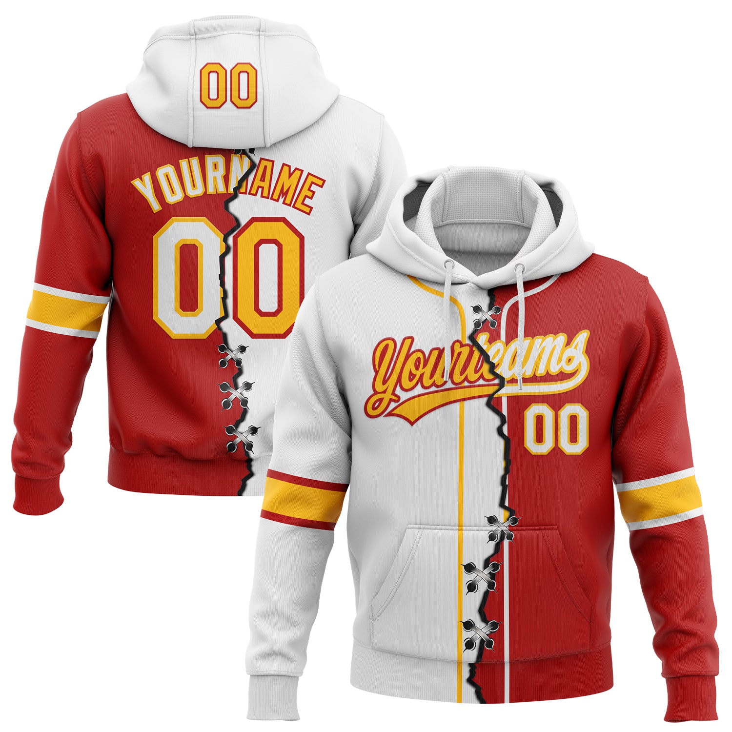 Custom Red White-Gold Split Ripped Pattern Baseball Pullover Sweatshirt Hoodie