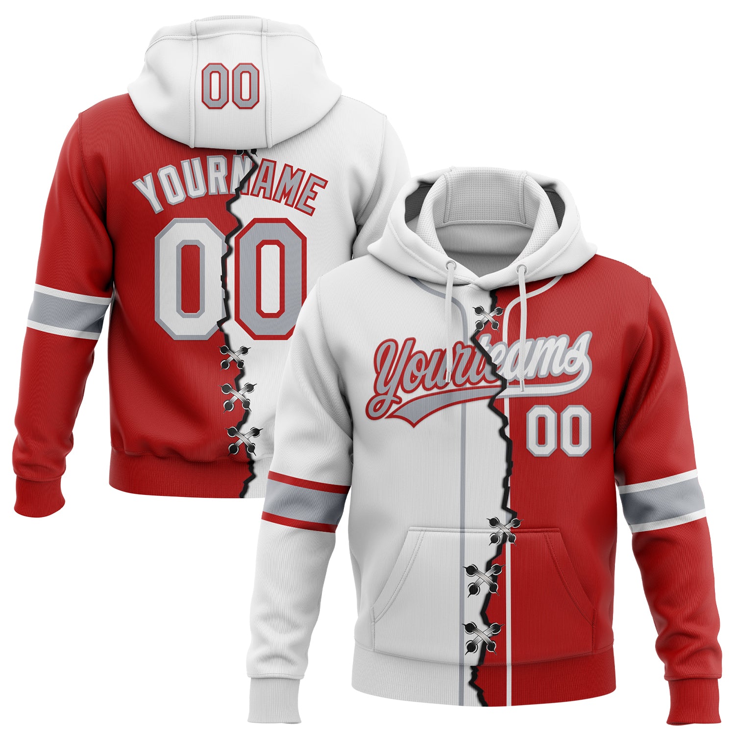Custom Red White-Gray Split Ripped Pattern Baseball Pullover Sweatshirt Hoodie