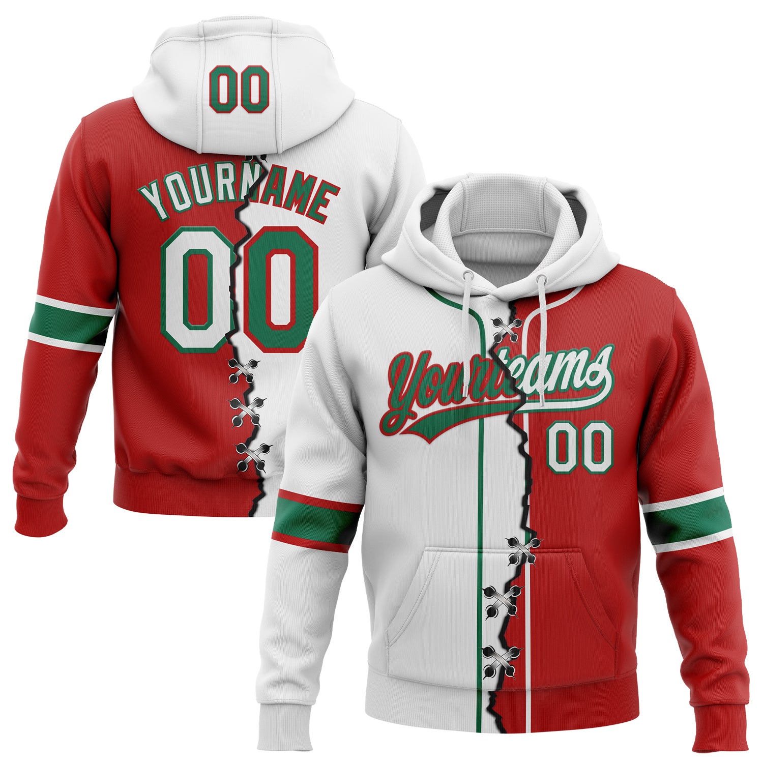 Custom Red White-Kelly Green Split Ripped Pattern Baseball Pullover Sweatshirt Hoodie