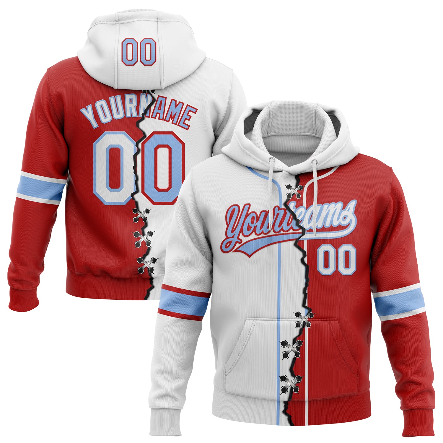 Custom Red White-Light Blue Split Ripped Pattern Baseball Pullover Sweatshirt Hoodie