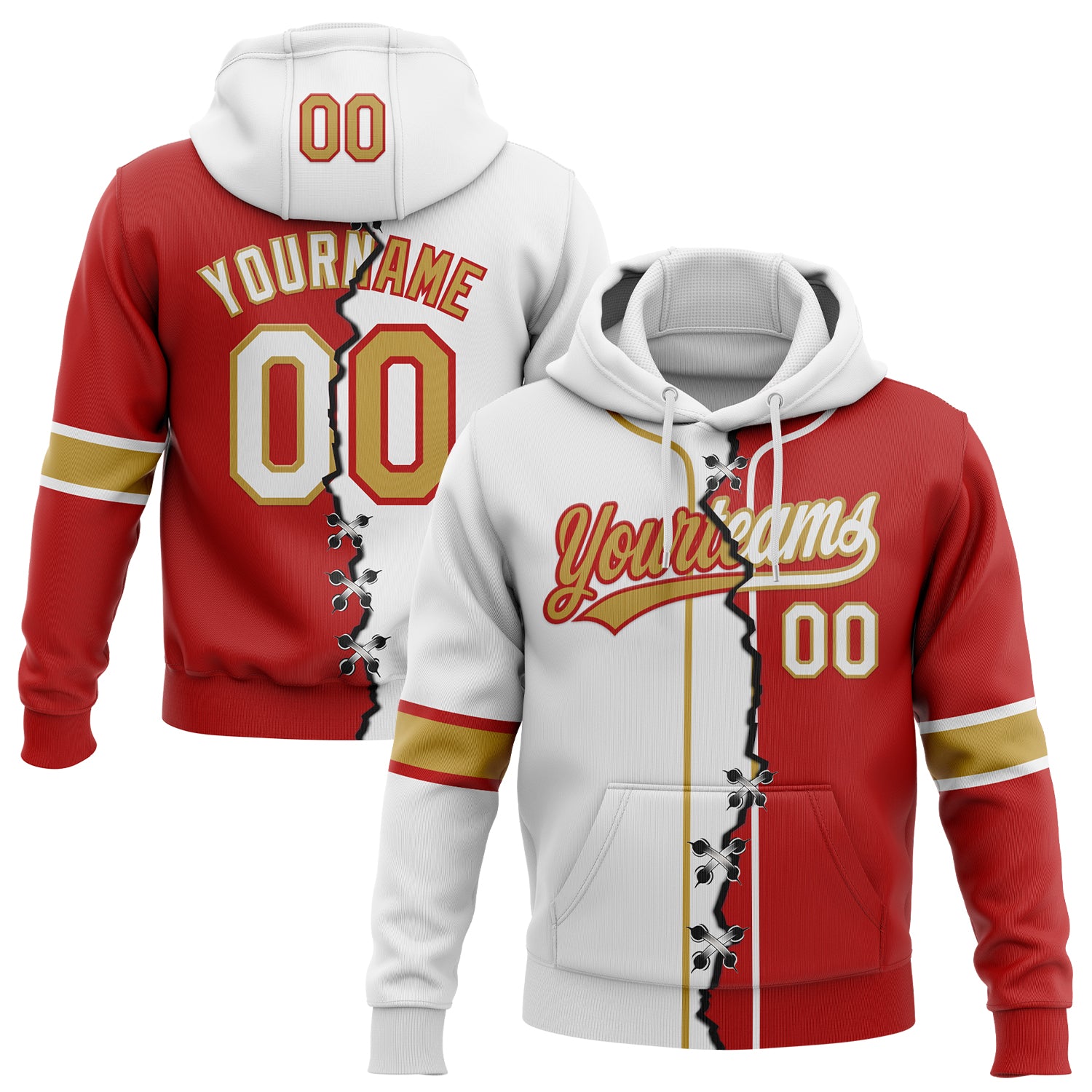 Custom Red White-Old Gold Split Ripped Pattern Baseball Pullover Sweatshirt Hoodie