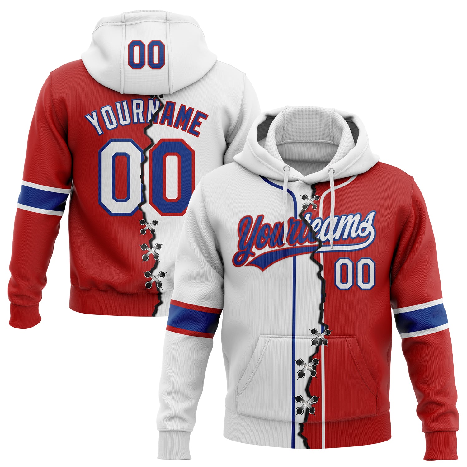 Custom Red White-Royal Split Ripped Pattern Baseball Pullover Sweatshirt Hoodie