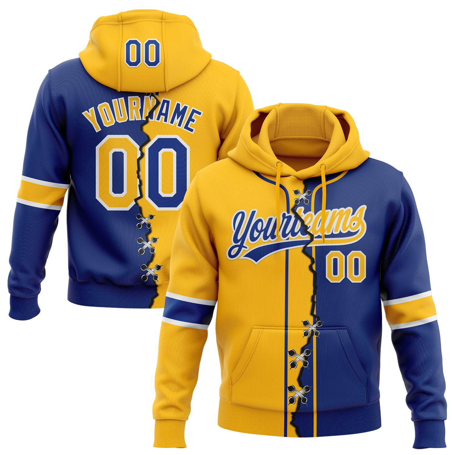 Custom Royal Gold-White Split Ripped Pattern Baseball Pullover Sweatshirt Hoodie