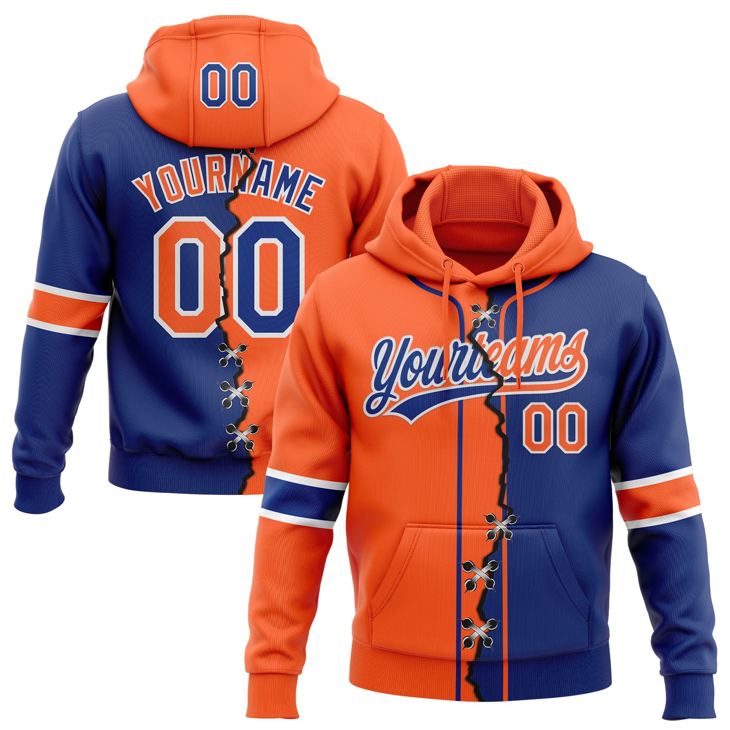 Custom Royal Orange-White Split Ripped Pattern Baseball Pullover Sweatshirt Hoodie