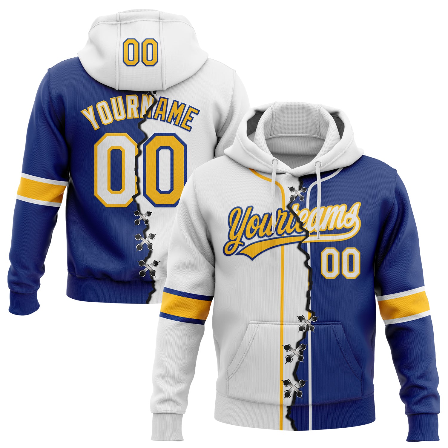 Custom Royal White-Gold Split Ripped Pattern Baseball Pullover Sweatshirt Hoodie