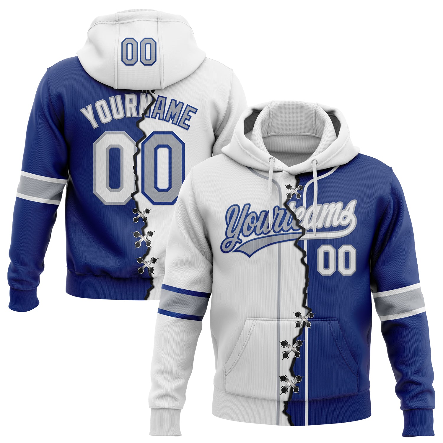 Custom Royal White-Gray Split Ripped Pattern Baseball Pullover Sweatshirt Hoodie