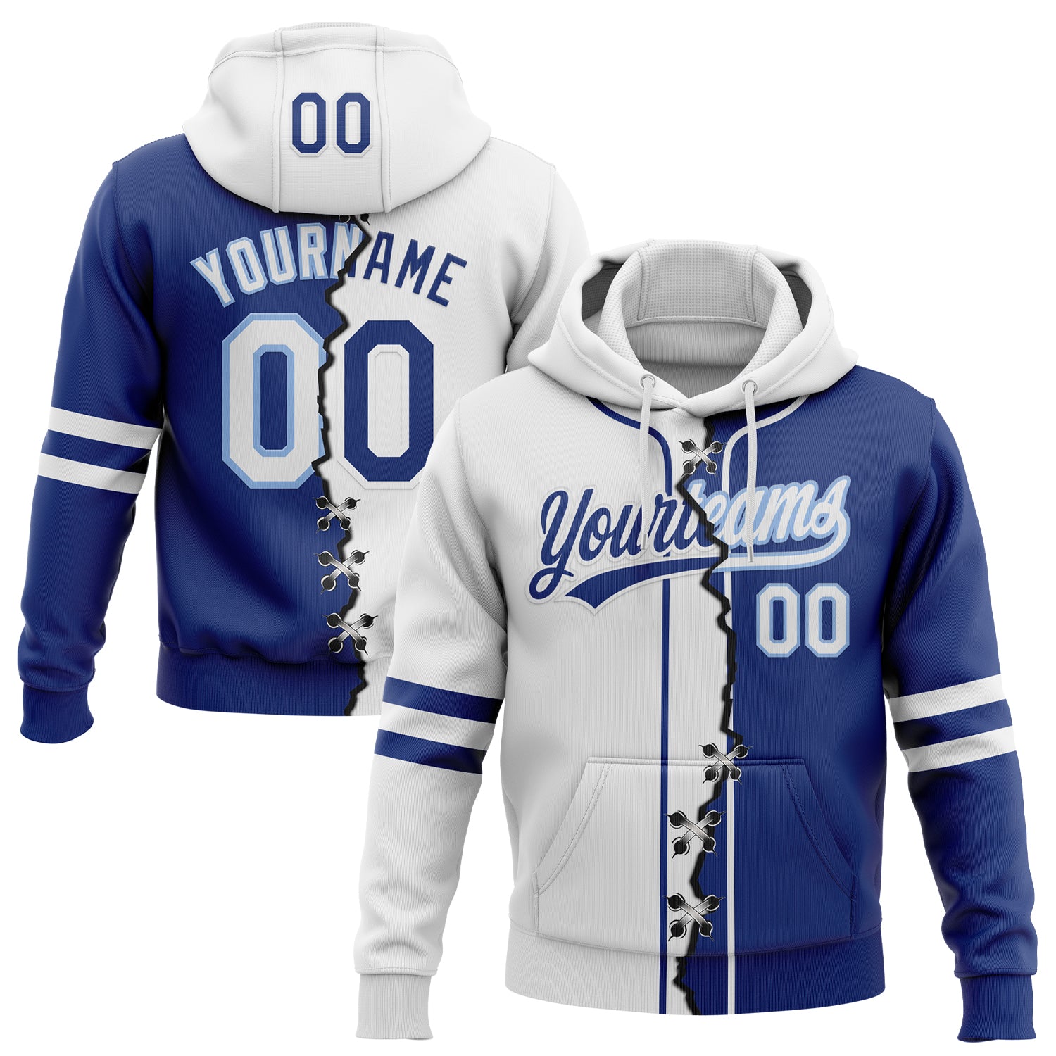 Custom Royal White-Light Blue Split Ripped Pattern Baseball Pullover Sweatshirt Hoodie
