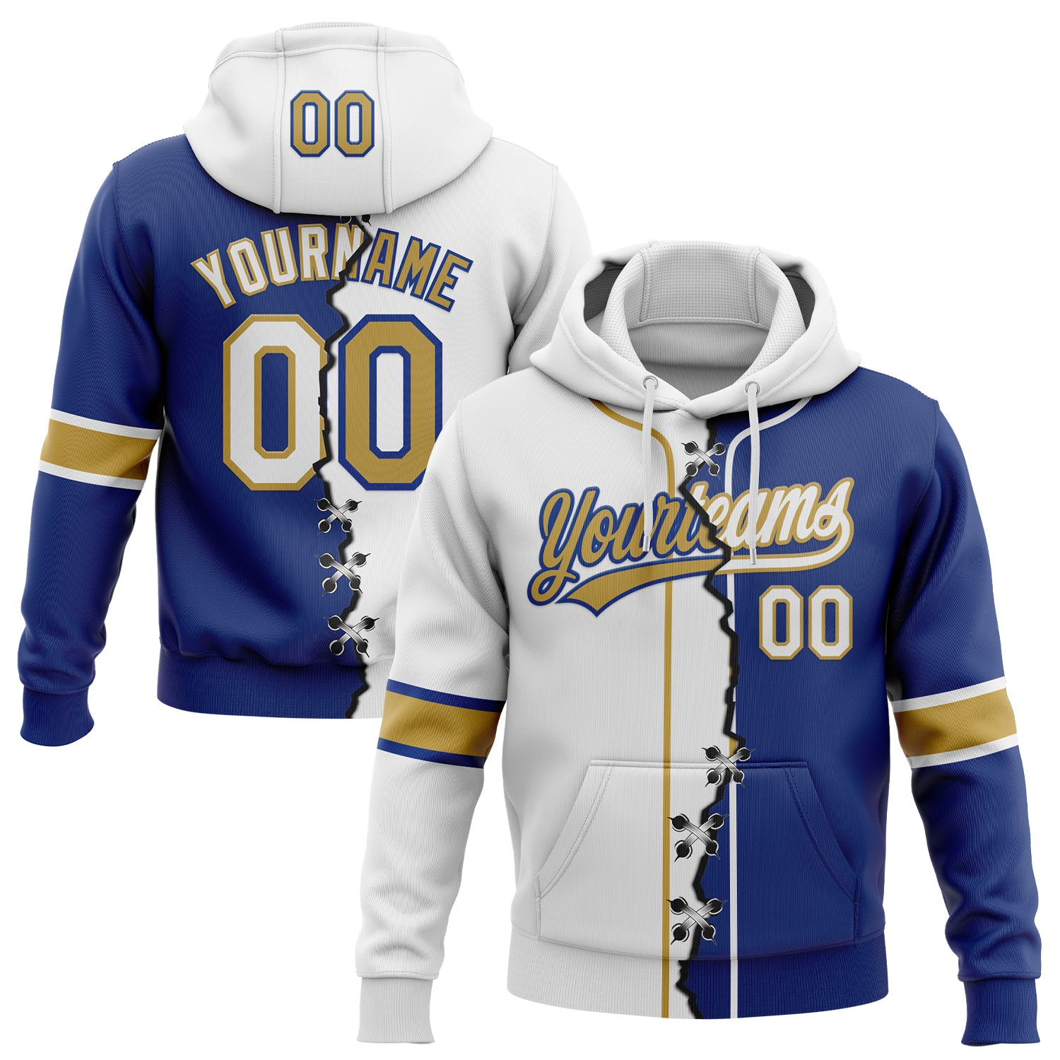 Custom Royal White-Old Gold Split Ripped Pattern Baseball Pullover Sweatshirt Hoodie