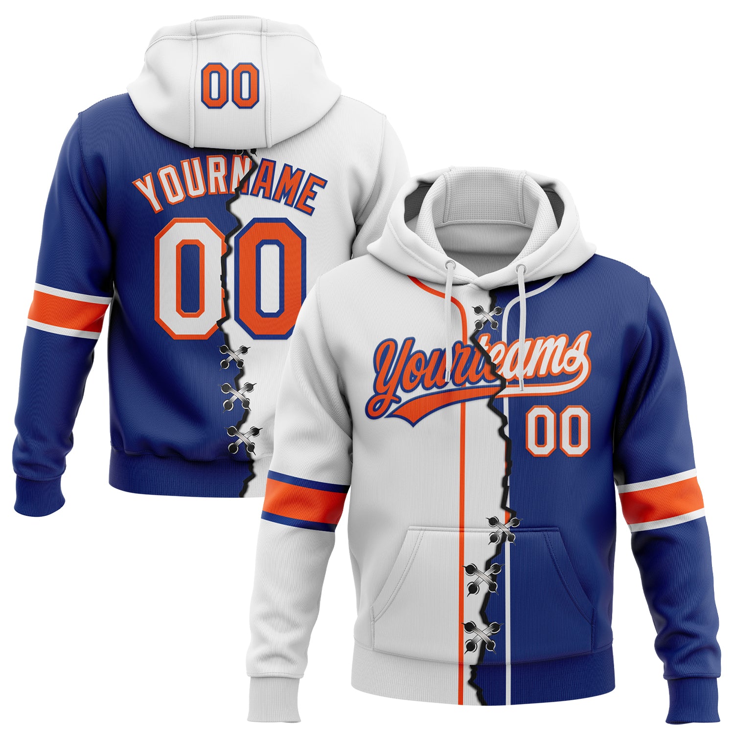 Custom Royal White-Orange Split Ripped Pattern Baseball Pullover Sweatshirt Hoodie