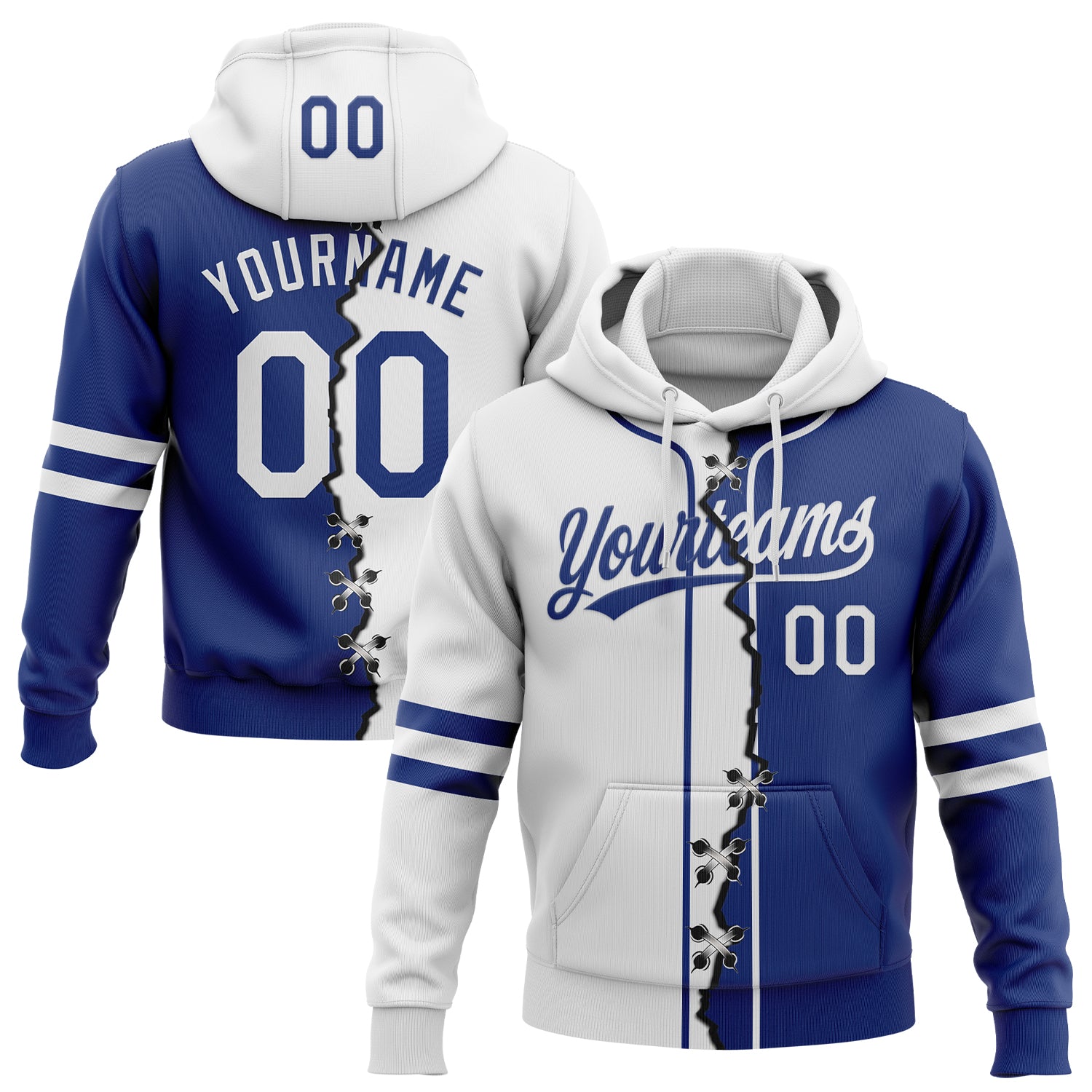 Custom Royal White Split Ripped Pattern Baseball Pullover Sweatshirt Hoodie