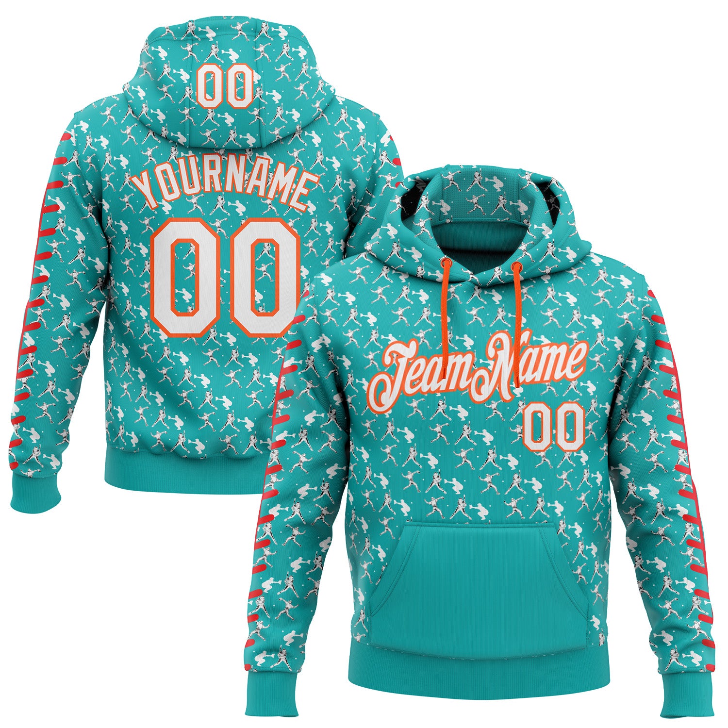 Custom Stitched Aqua White Red-Orange 3D Pattern Design Baseball Game Day Miami Inspired Sports Pullover Sweatshirt Hoodie