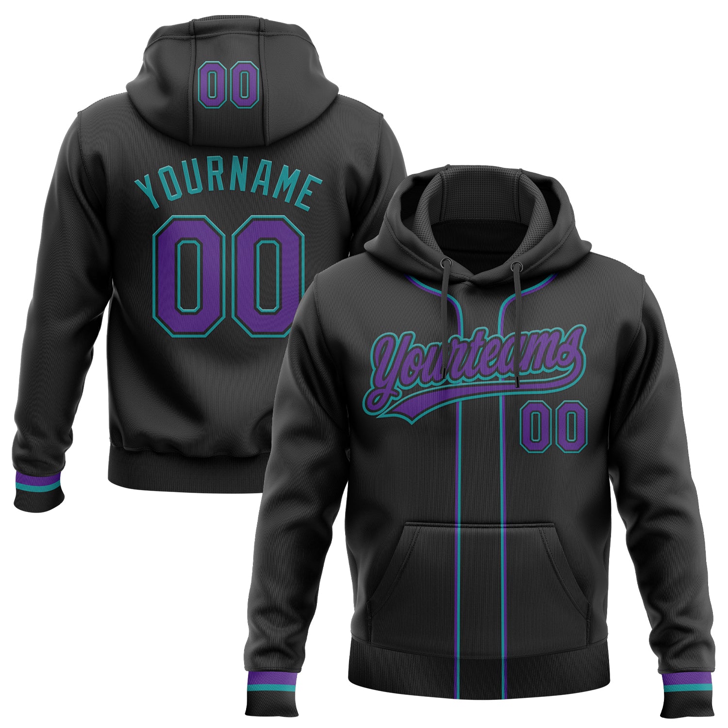 Custom Stitched Black Purple-Teal Baseball Pullover Sweatshirt Hoodie