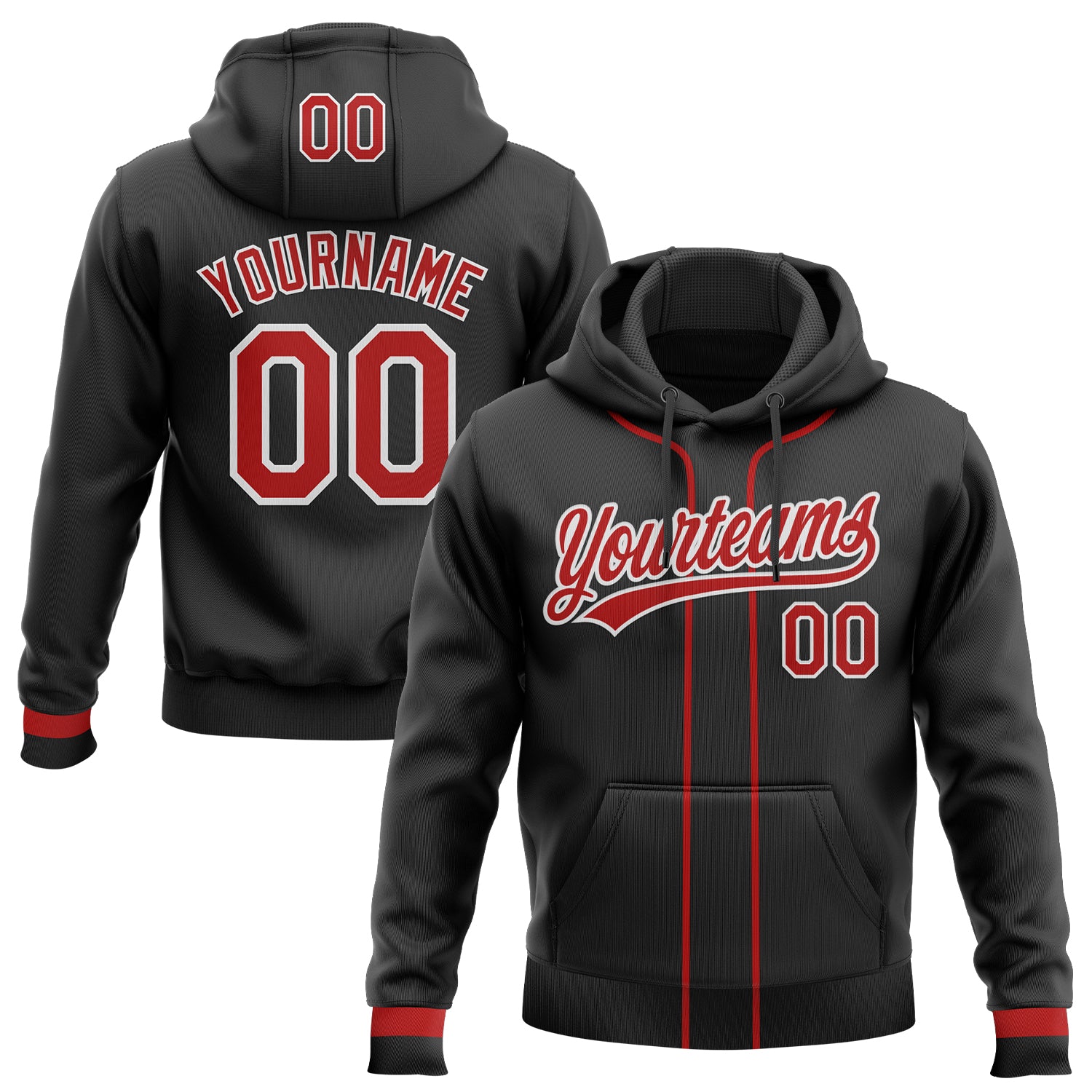 Custom Stitched Black Red-White Baseball Pullover Sweatshirt Hoodie