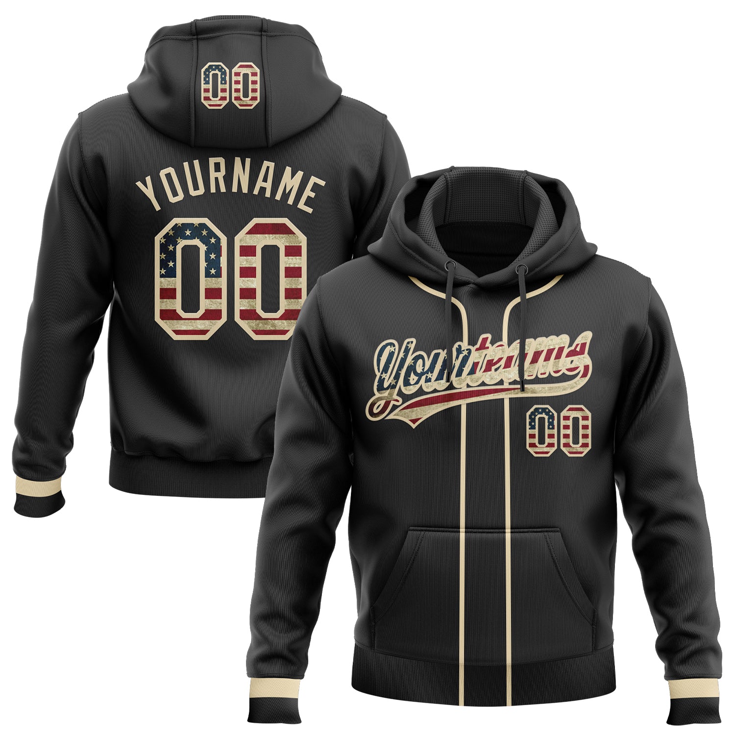 Custom Stitched Black Vintage USA Flag-Cream Baseball Pullover Sweatshirt Hoodie