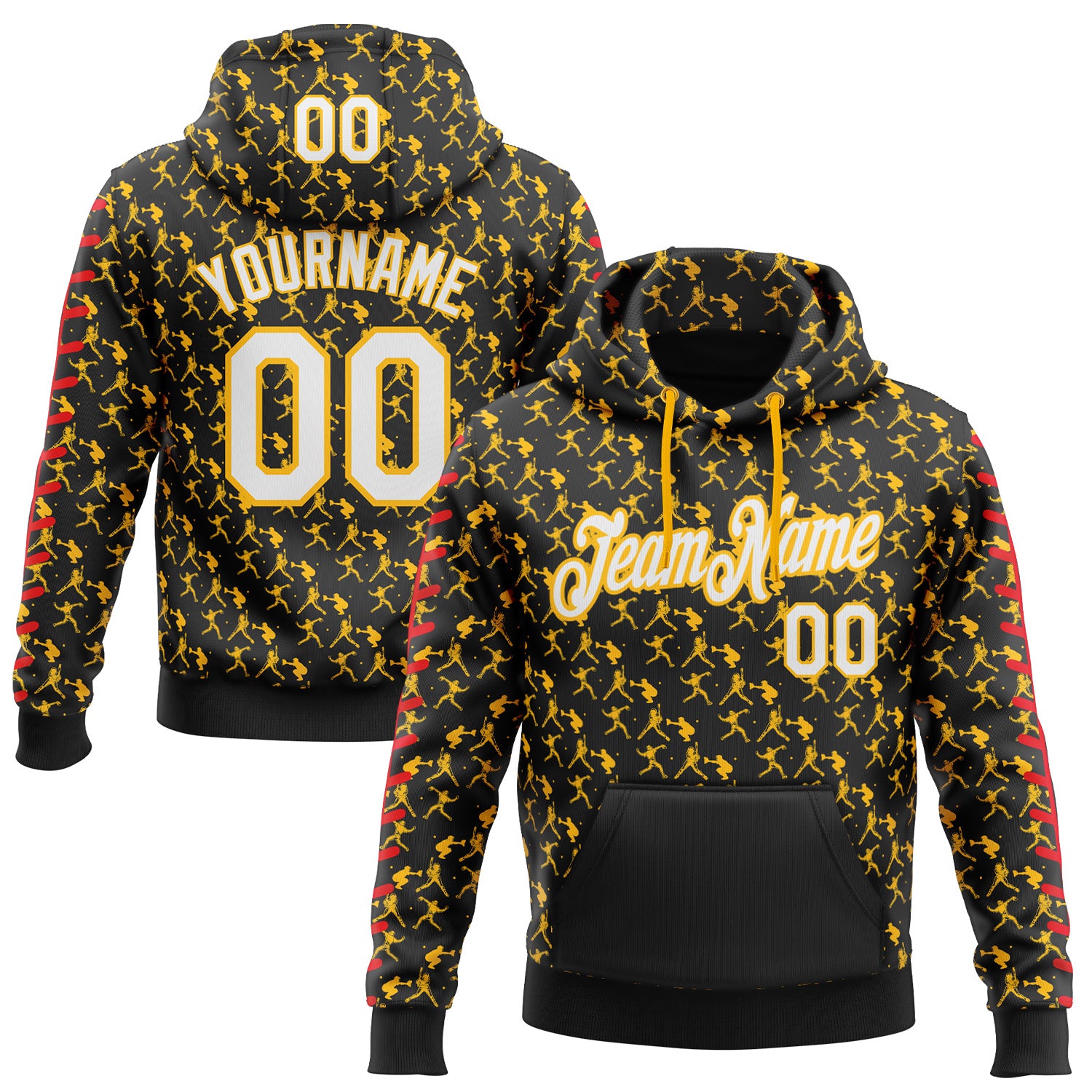 Custom Stitched Black White Gold-Red 3D Pattern Design Baseball Game Day Pittsburgh Inspired Sports Pullover Sweatshirt Hoodie